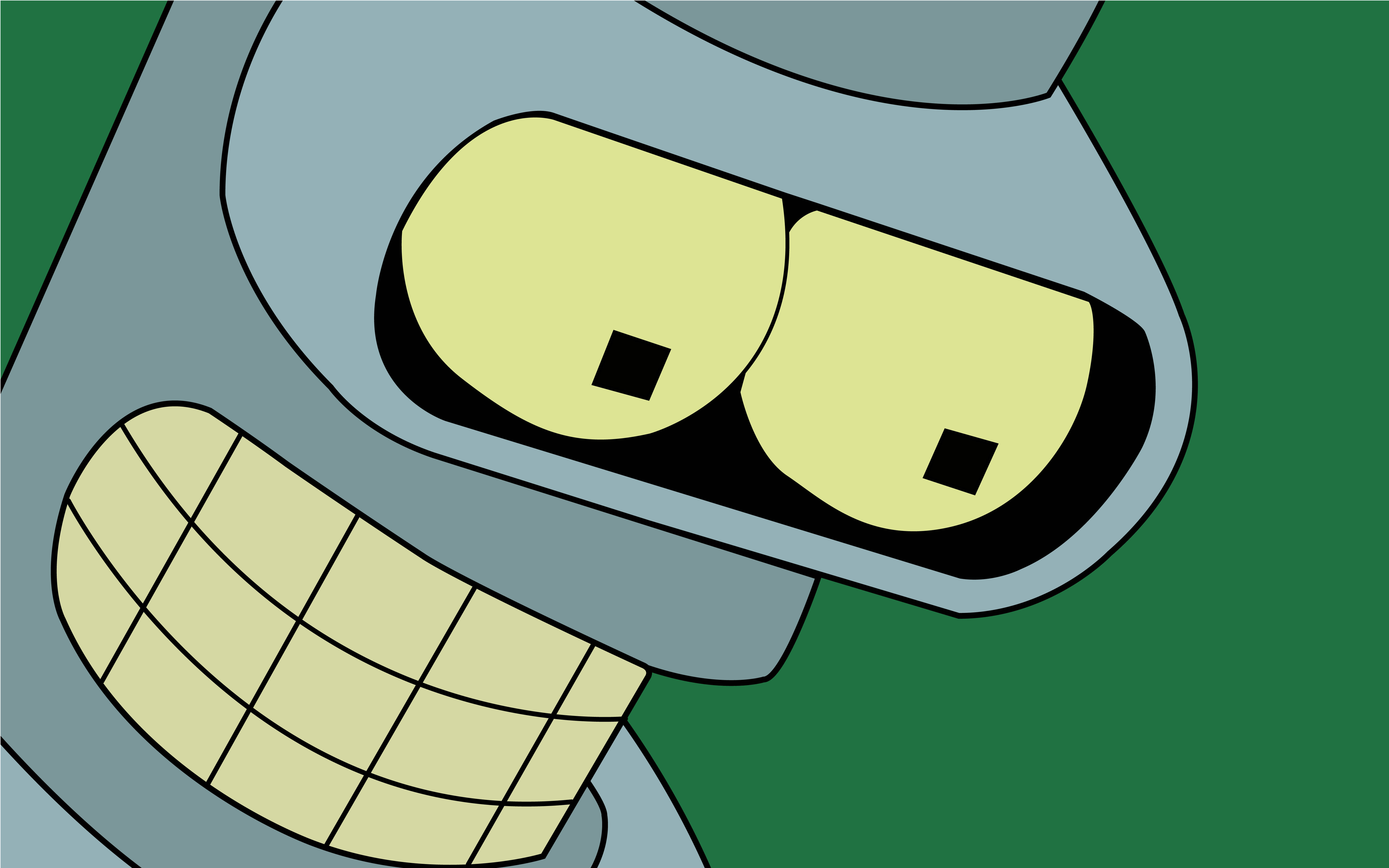 《飛出個未來》中的 Bender 近照 壁紙 — Bender 咧嘴笑的面部特寫，黃色眼睛和網格圖案嘴巴，背景為純綠色。