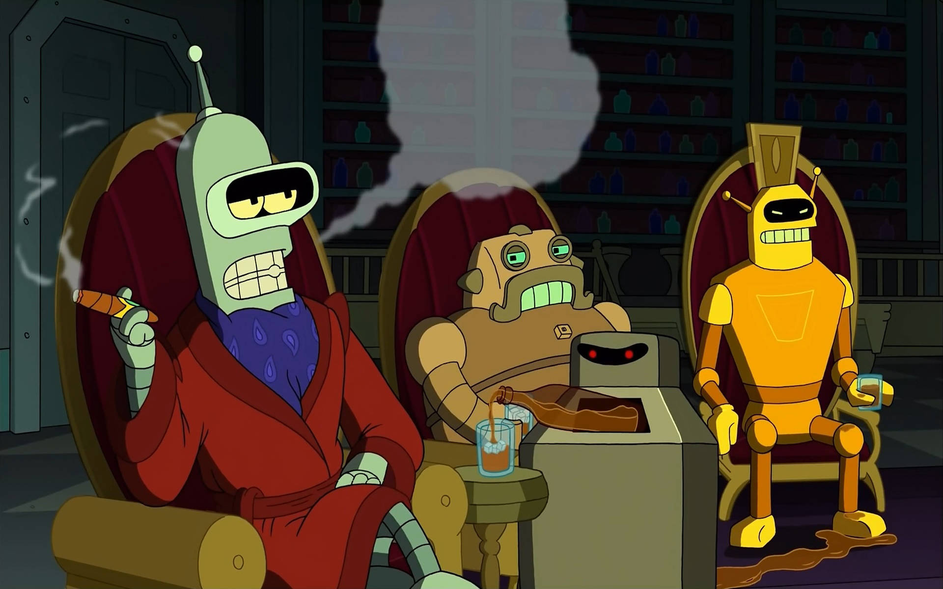 《飛出個未來》吸煙的 Bender 壁紙 — 三個動畫外星人角色在燈光昏暗的酒吧裡，坐在豪華椅子上，抽著雪茄喝著酒。