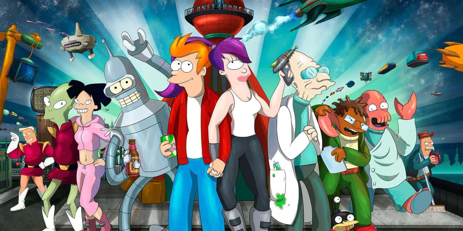 Futurama 桌布 壁紙 — 《飛出個未來》團隊一齊企喺繁忙嘅外星城市屋頂上，背景係星空、飛行車輛同 Planet Express 大樓。