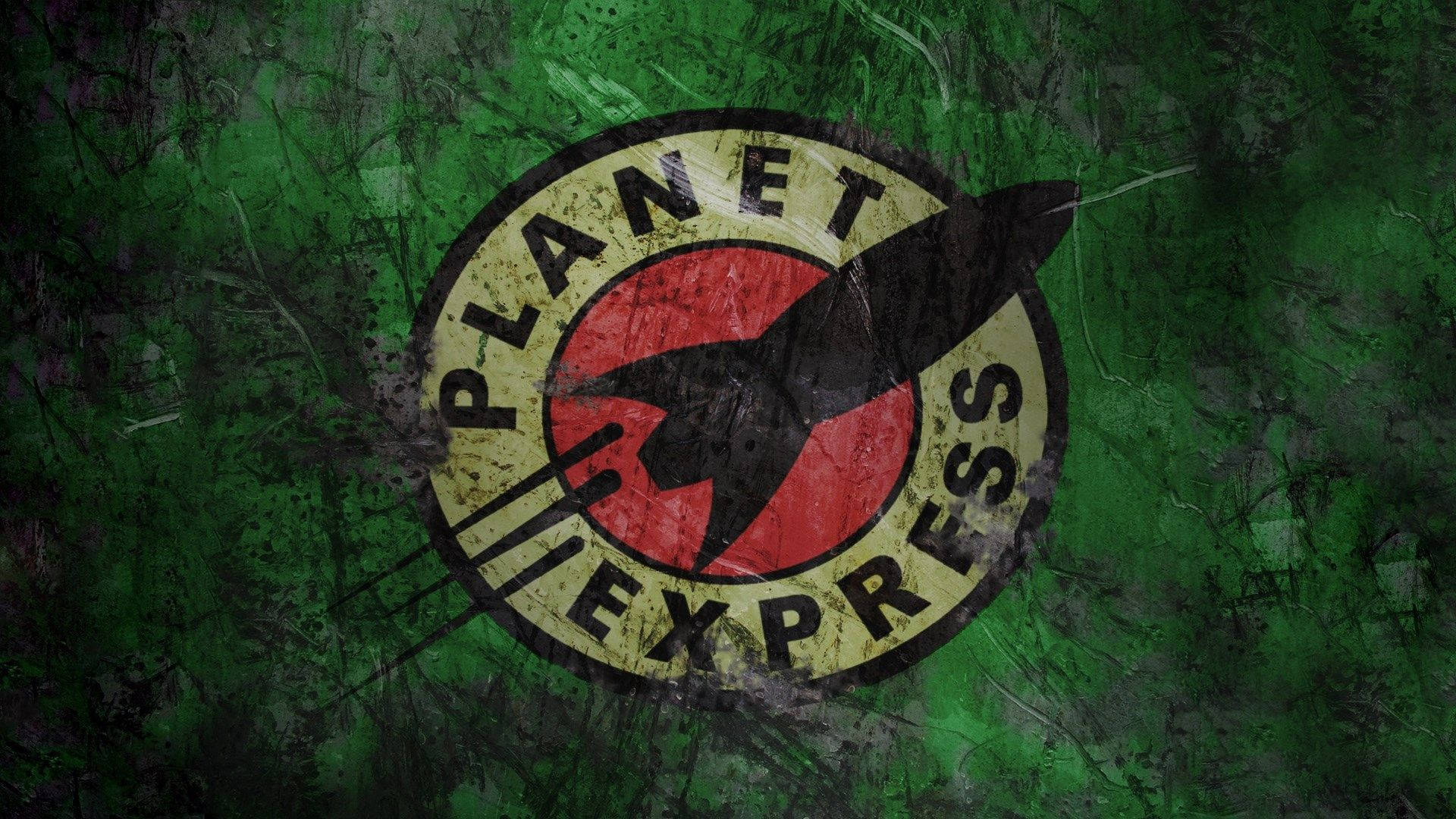 Planet Express 標誌，黑色火箭在紅色背景上，搭配綠色 grunge 紋理。