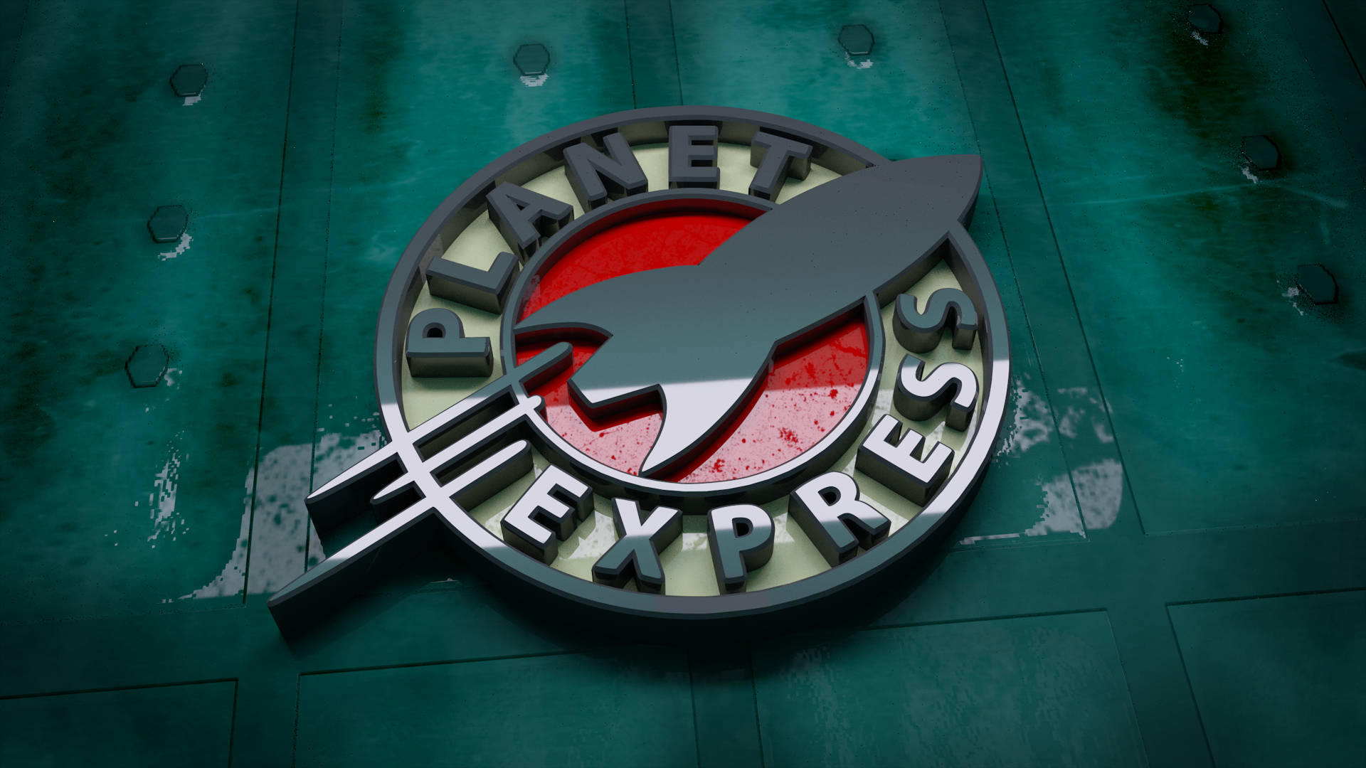 Planet Express標誌，紅色背景上有火箭，安裝在青綠色牆上。