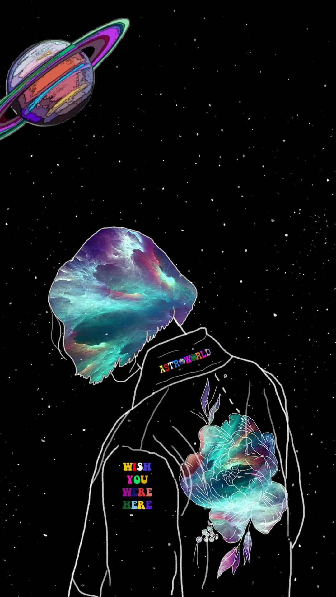 在太空中，一個頭部是星雲、穿著發光花卉外套的人站在環狀行星下。