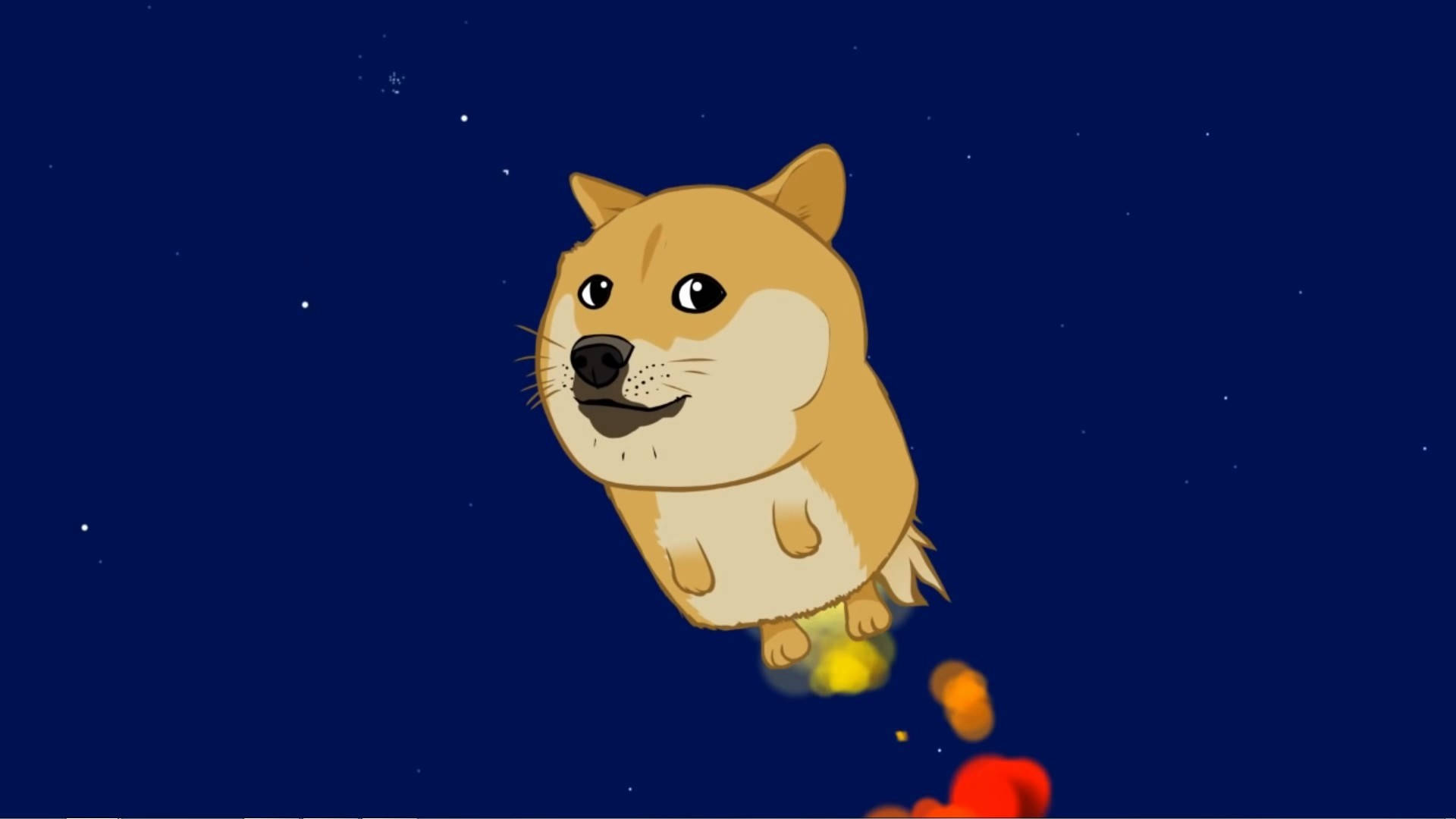 一隻卡通狗漂浮在太空中，帶著火焰排氣。