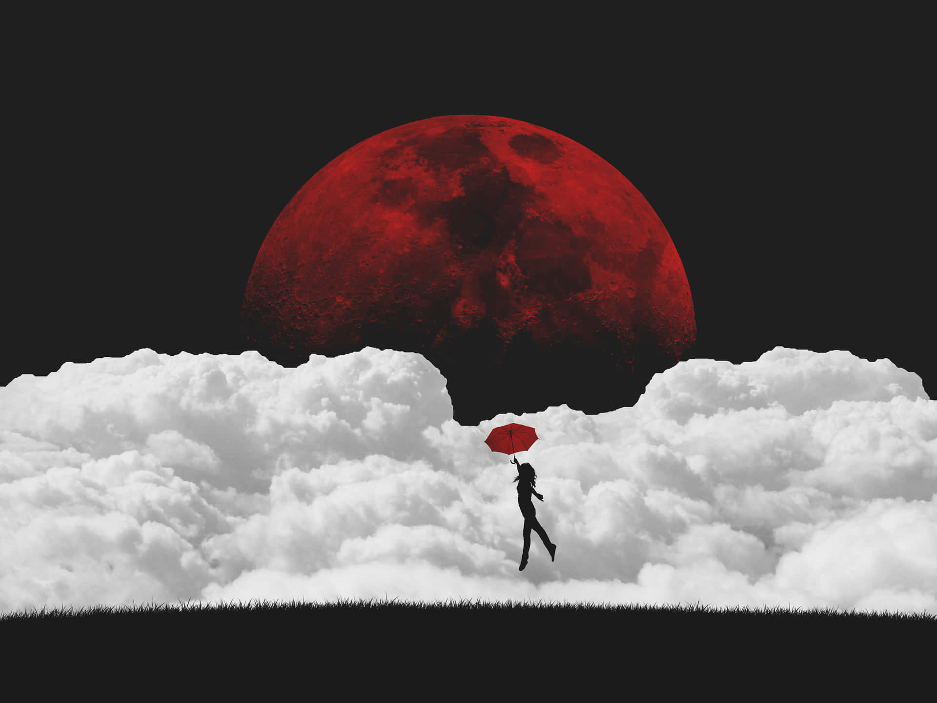 一個人在雲端行走的剪影，手持紅色雨傘，下方是紅色月亮。