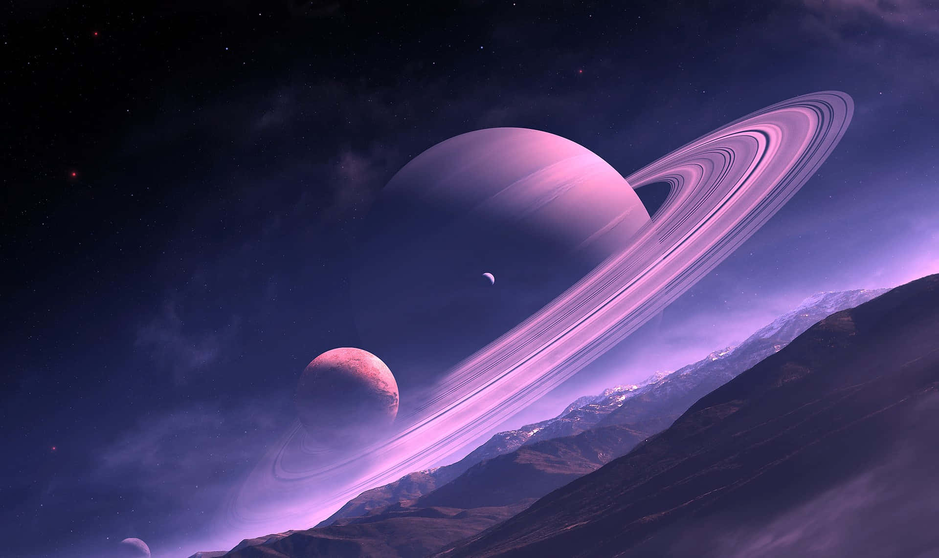 紫色環狀行星在星空下從外星山脈後升起。
