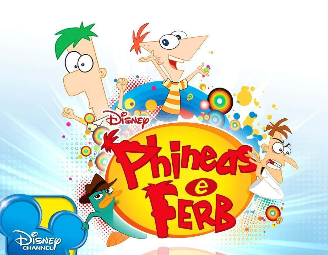 Phineas And Ferb 桌布 壁紙 — 《飛哥與發仔》中充滿活力的卡通角色，在帶有彩色圓形圖案的亮藍色背景上迸發能量。