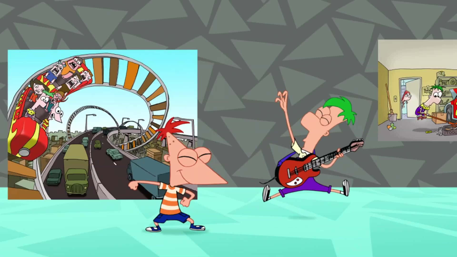 Phineas And Ferb 桌布 壁紙 — 飛哥與發仔在他們混亂的發明和冒險拼貼畫前充滿活力地跳舞。