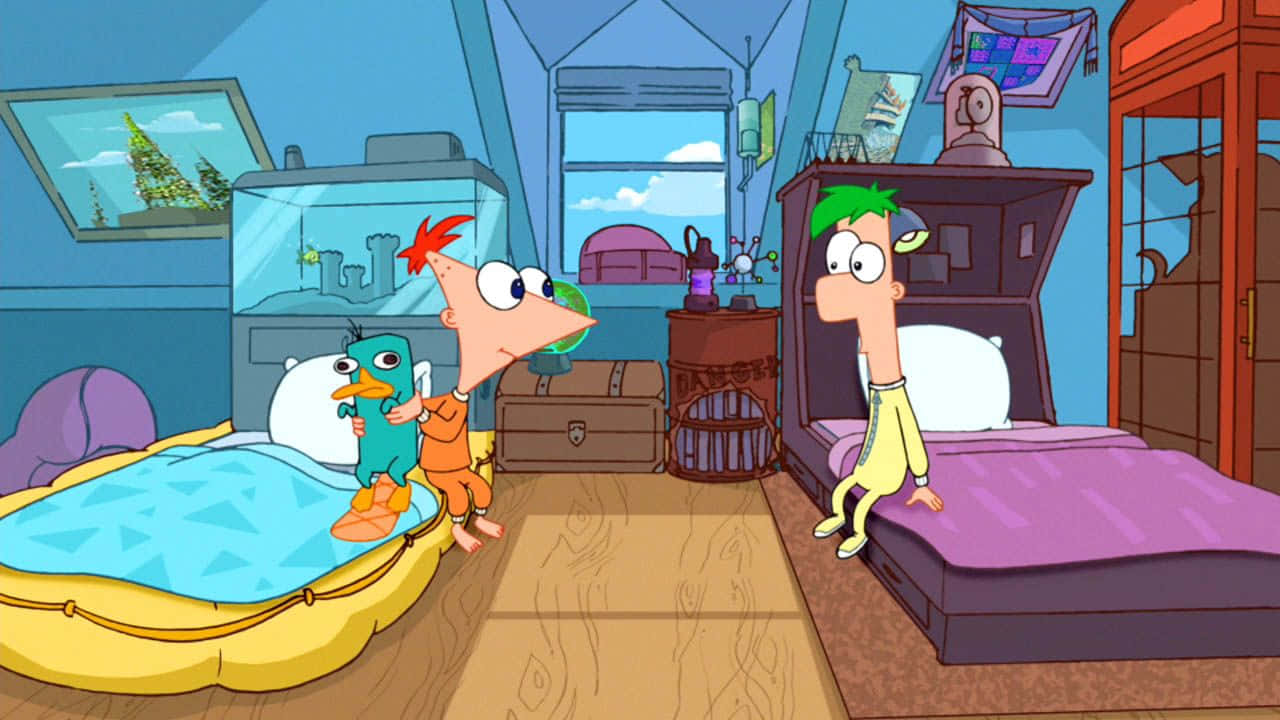 Phineas And Ferb 桌布 壁紙 — 飛哥與發仔在他們色彩繽紛的臥室裡，有魚缸和窗外的城市景觀。