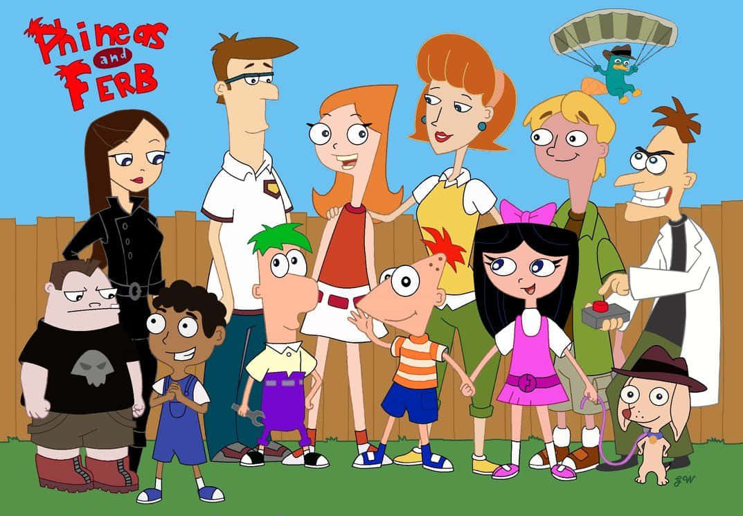 Phineas And Ferb 桌布 壁紙 — 飛哥與發仔的全體演員站在木柵欄前，在晴朗的藍天下，鴨嘴獸佩利在頭頂跳傘。
