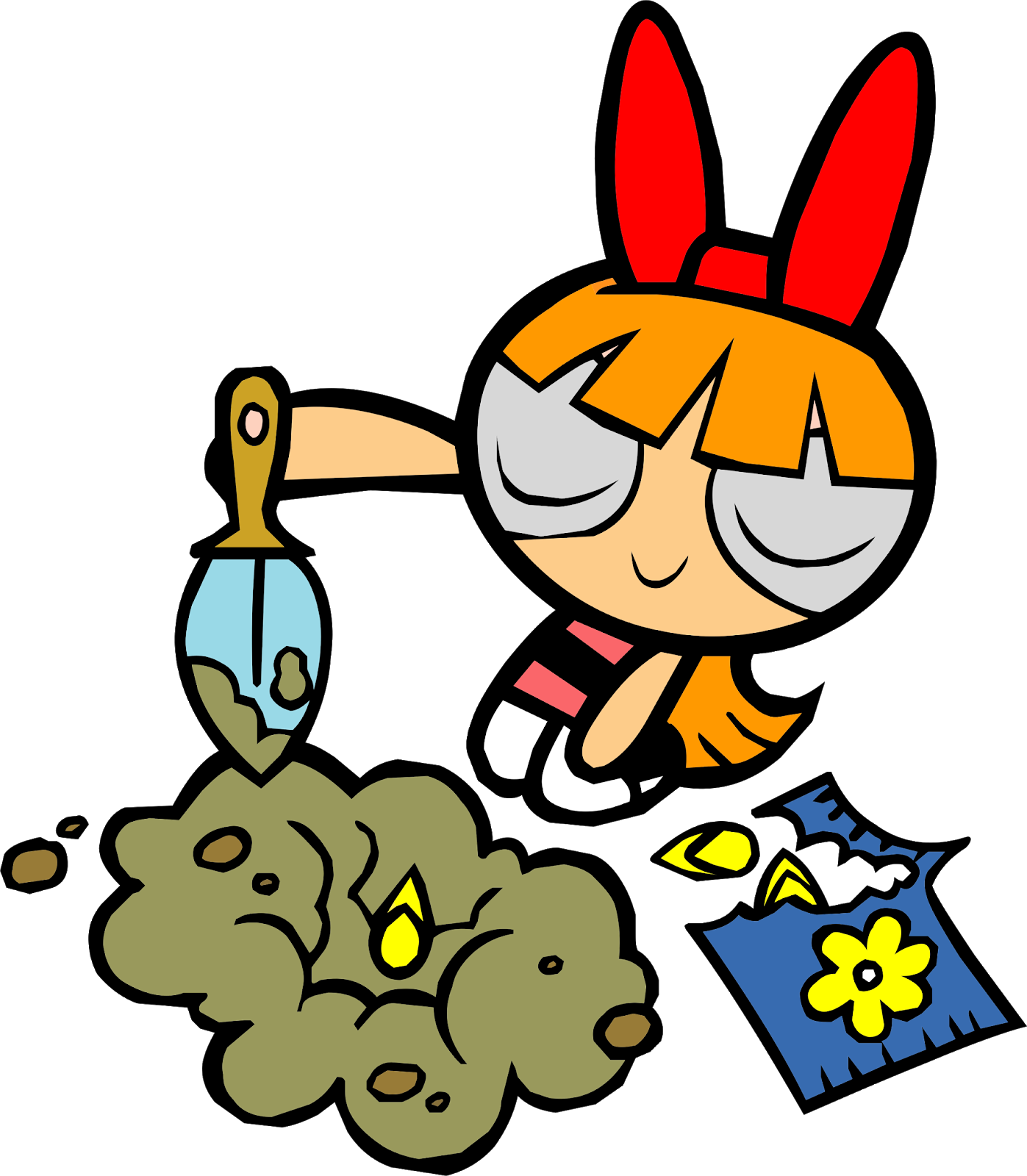 飛天小女警 花朵繪畫 壁紙 — 一個橙色頭髮、紅色雙馬尾的卡通女孩用鏟子從泥濘的地裡挖出一朵黃色的花。