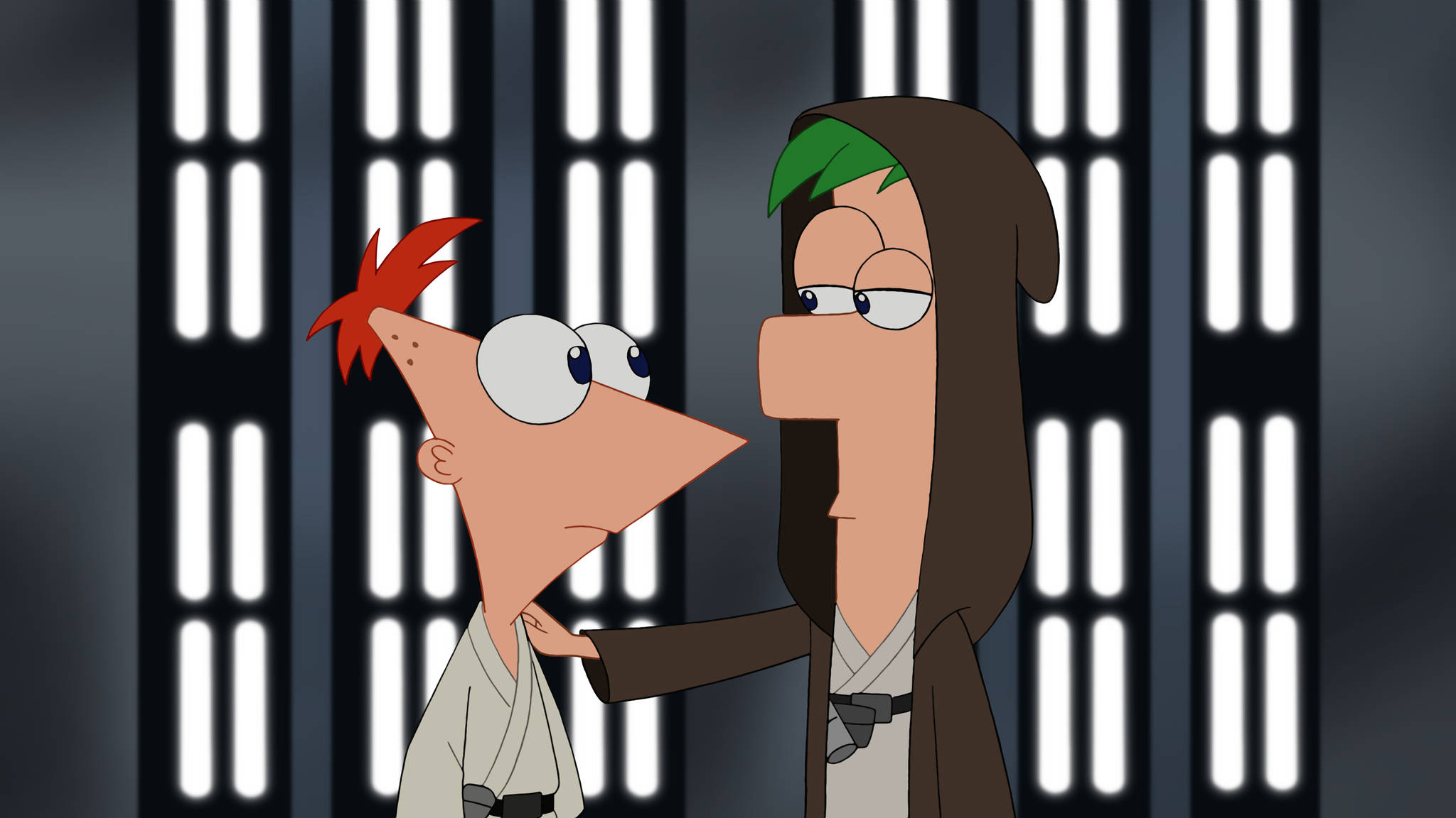 飛天小女警星際大戰跨界 壁紙 — Phineas and Ferb in Star Wars costumes stand in a prison cell with glowing bars behind them.