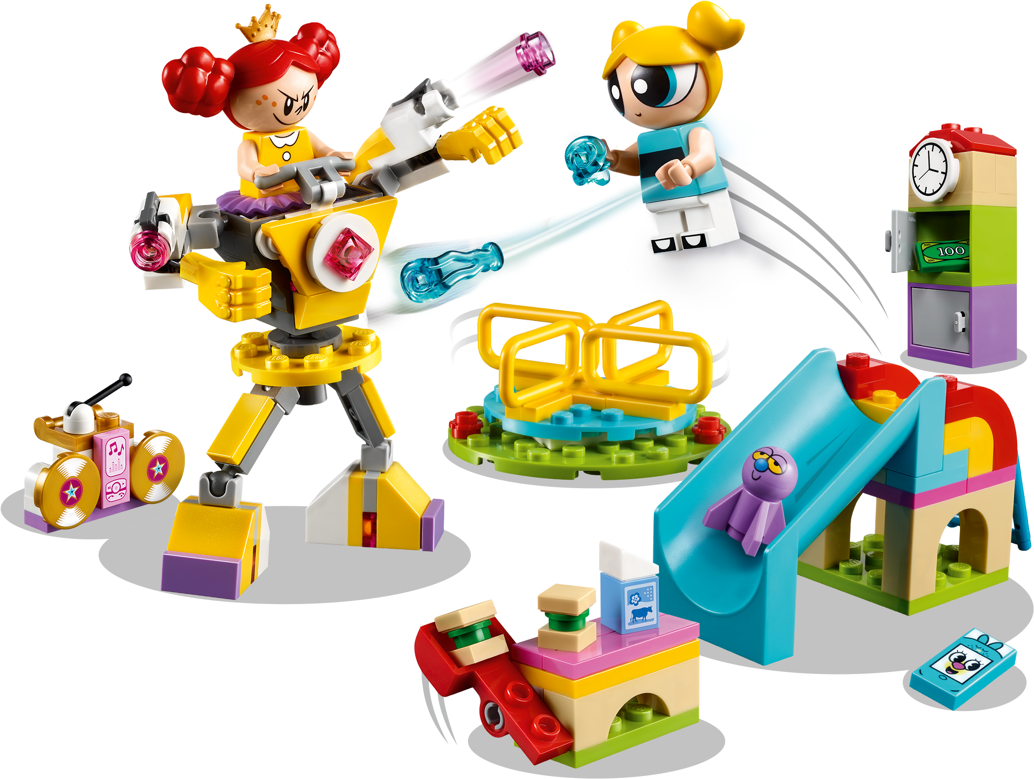 飛天小女警樂高玩具組 壁紙 — 兩個LEGO Powerpuff Girls在一個色彩繽紛的玩具套裝中戰鬥，套裝包括機械人、滑梯和音樂播放器，背景為黑色。