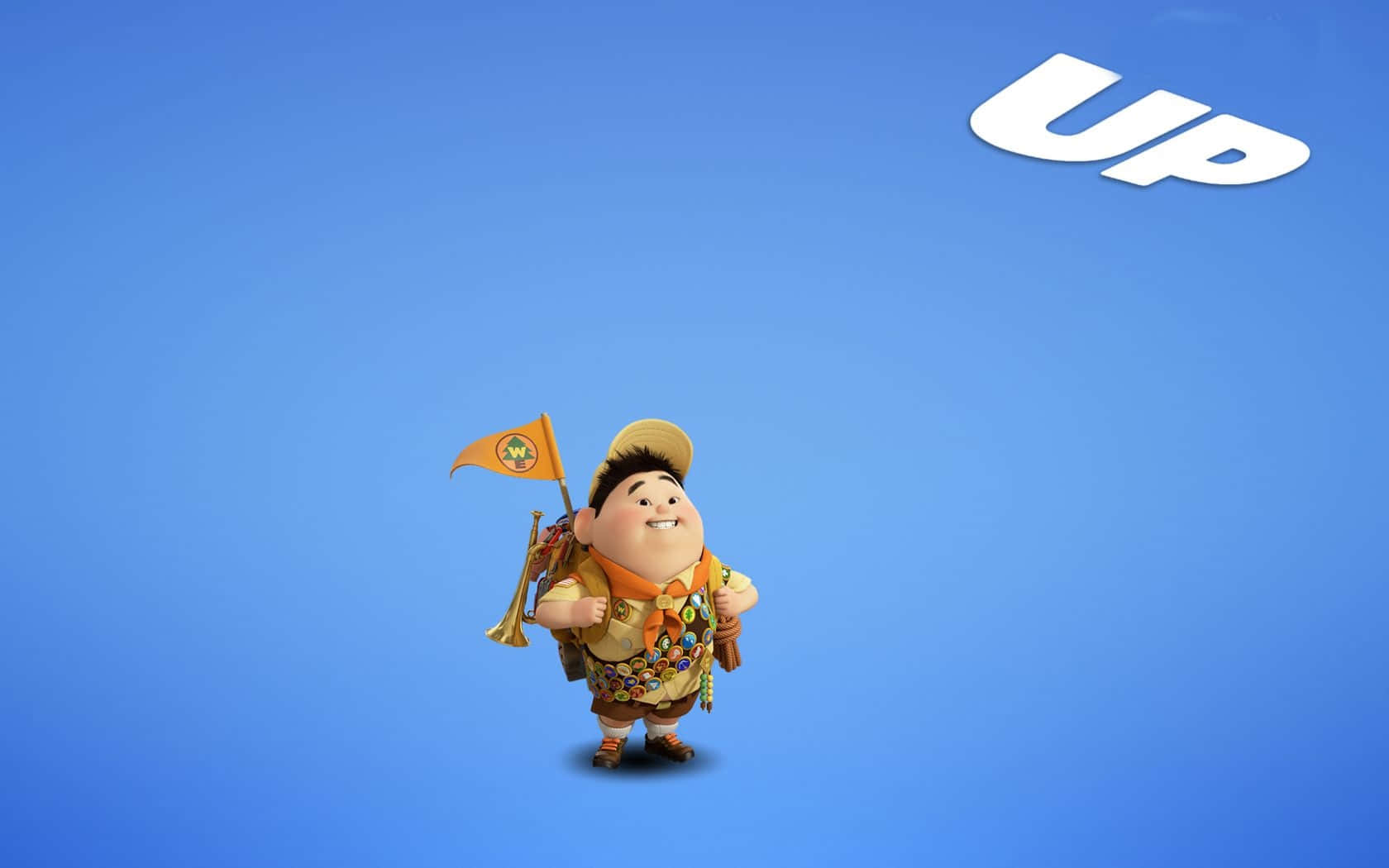 動畫男童軍拿著旗幟和號角，藍色背景上漂浮著「UP」。
