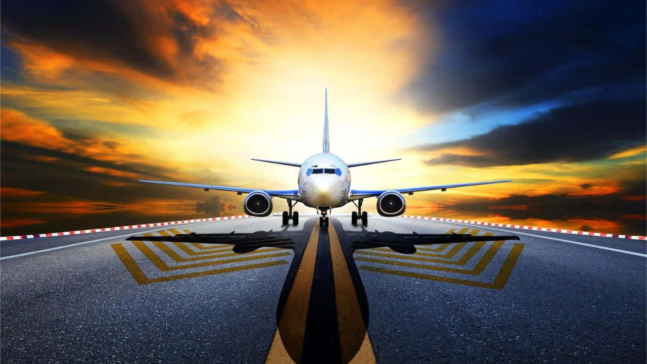 飛得更高，享受旅程 壁紙 — 一架商用飛機在戲劇性的日落天空下，面向跑道前方，天空中有火紅的橙色雲彩。