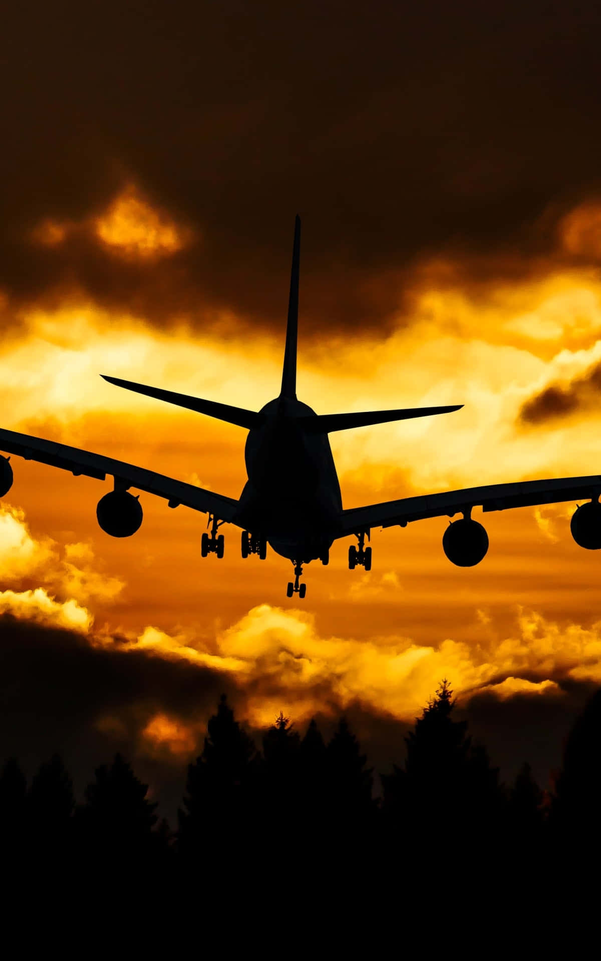 飛機剪影對抗夕陽安卓飛機壁紙 壁紙 — 一架噴射飛機在火紅橙色日落天空的襯托下形成剪影，下方有烏雲和樹梢。