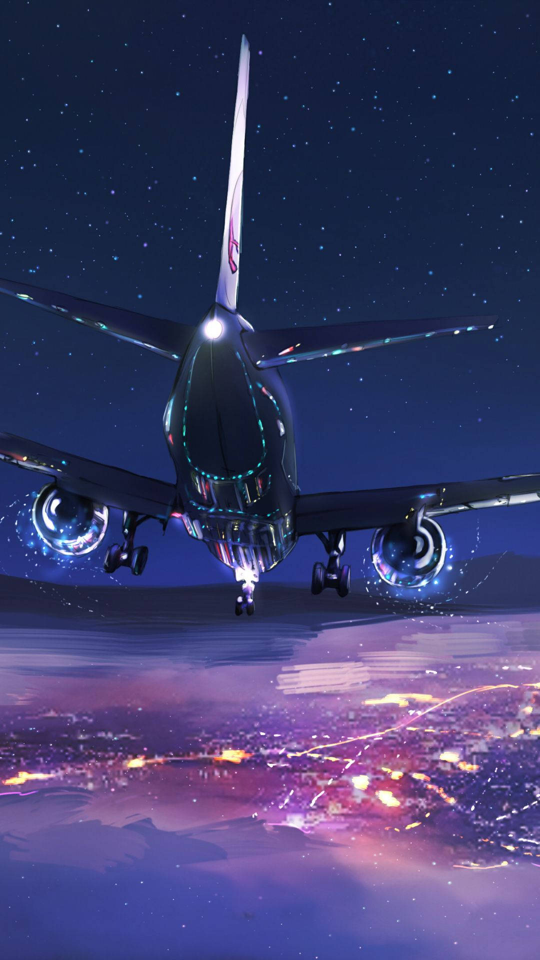 飛機夜空繁星視角 壁紙 — 一架未來風格的飛機在繁星點點的夜空下，降臨在散發光芒的城市景觀之上，帶有鮮豔的紫色和藍色色調。
