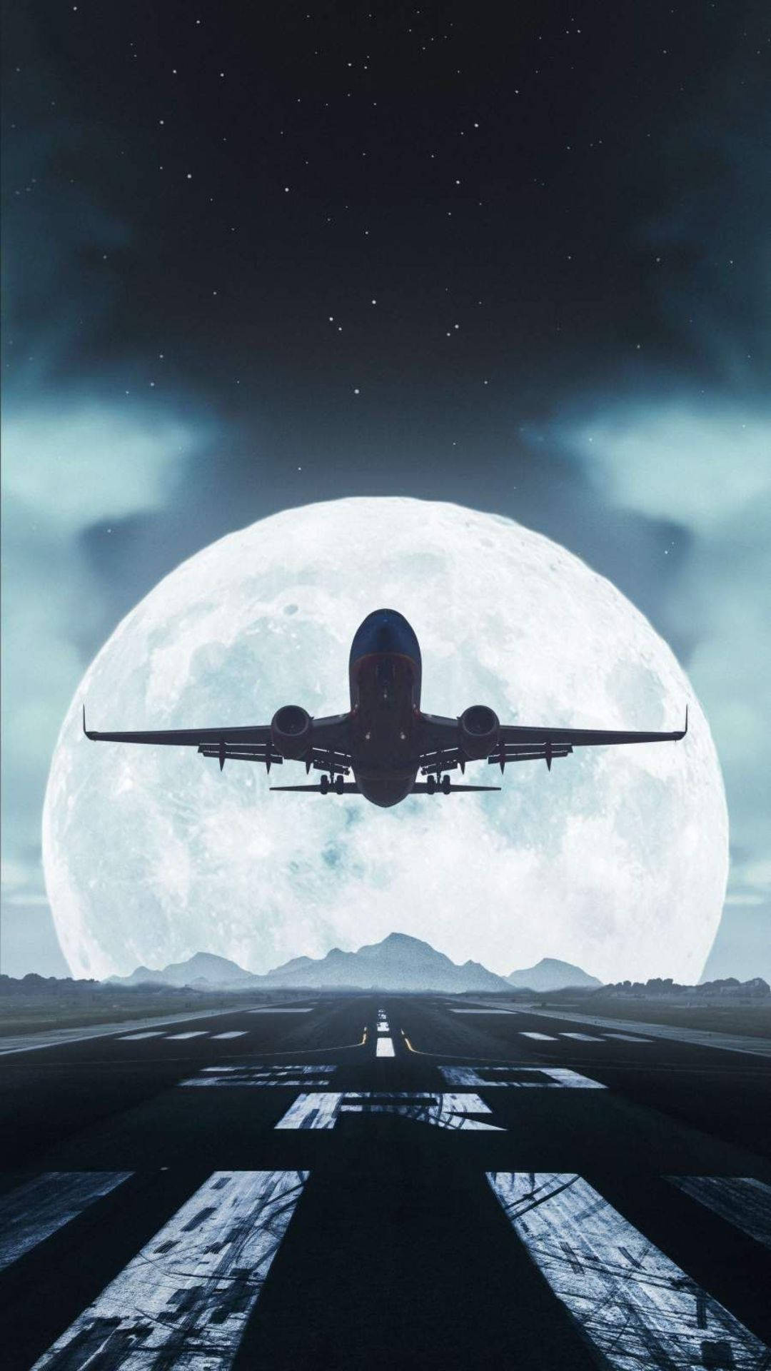 飛機從跑道飛向月亮 壁紙 — 飛機在夜間起飛，背景是巨大的月亮和星空，跑道上方。