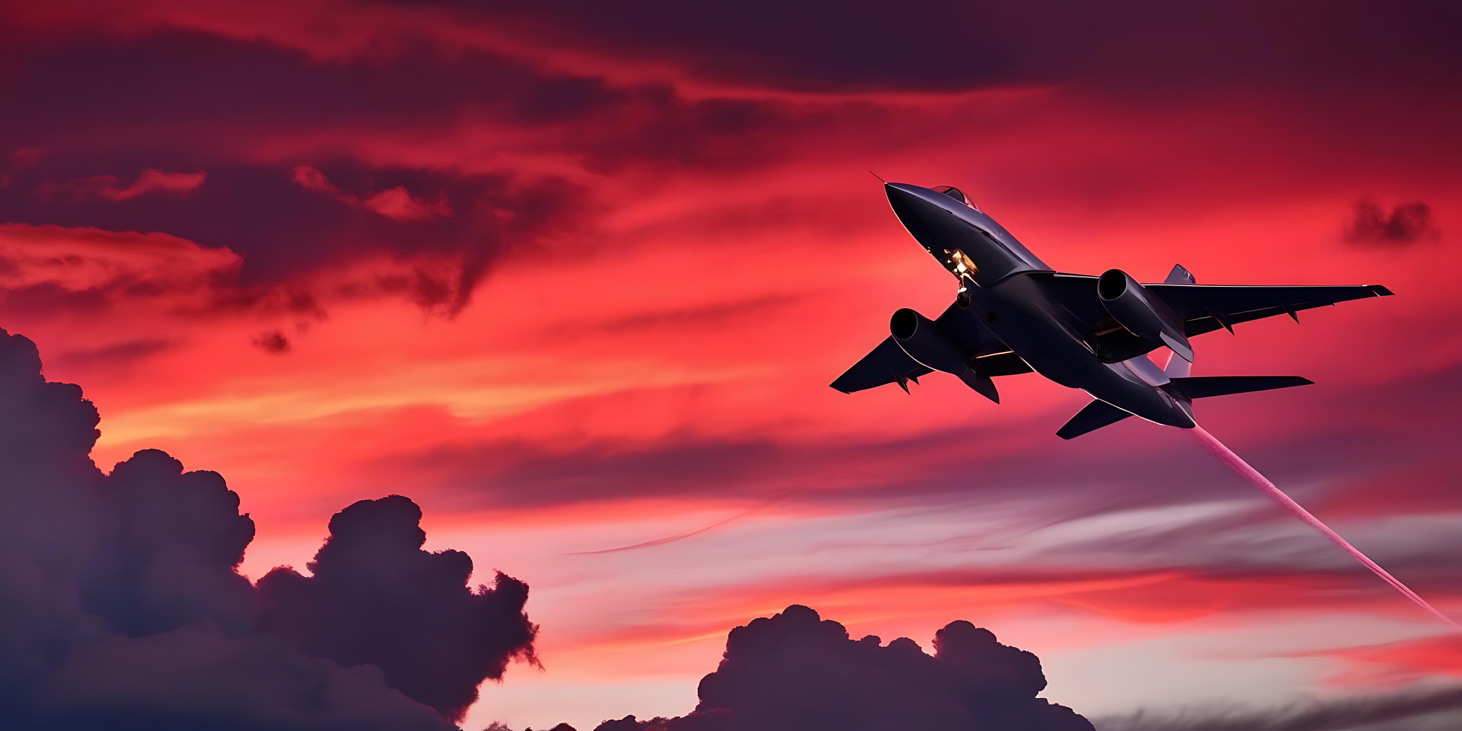 飛機穿越絢麗日落天空 壁紙 — 一架戰鬥機在火紅的日落天空中翱翔，拖著明亮的粉紅色後燃器火焰。
