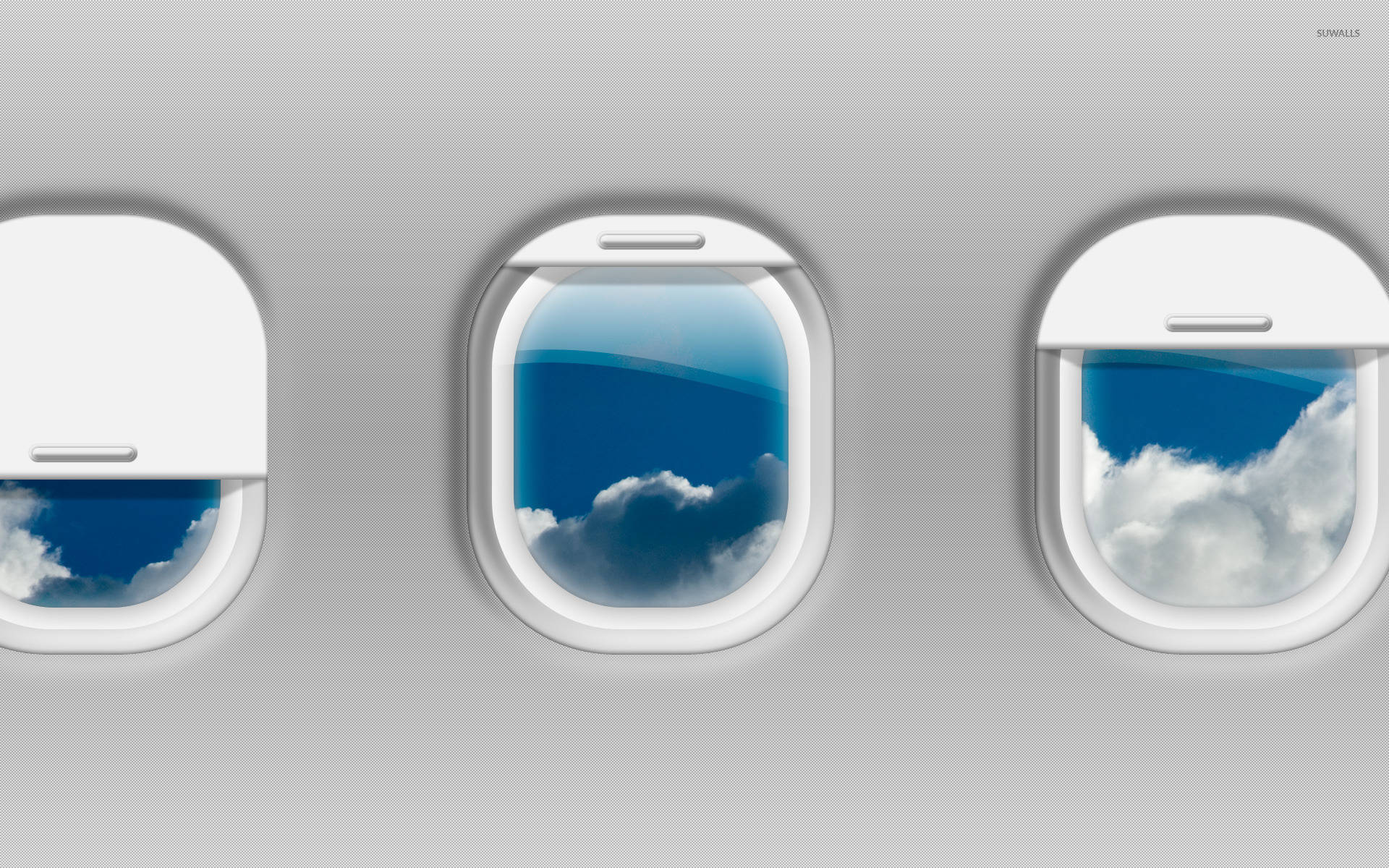 飛機窗戶旅行極簡主義雲朵 壁紙 — 三個飛機窗戶顯示出寧靜的藍天，有蓬鬆的白雲，背景是灰色機身。