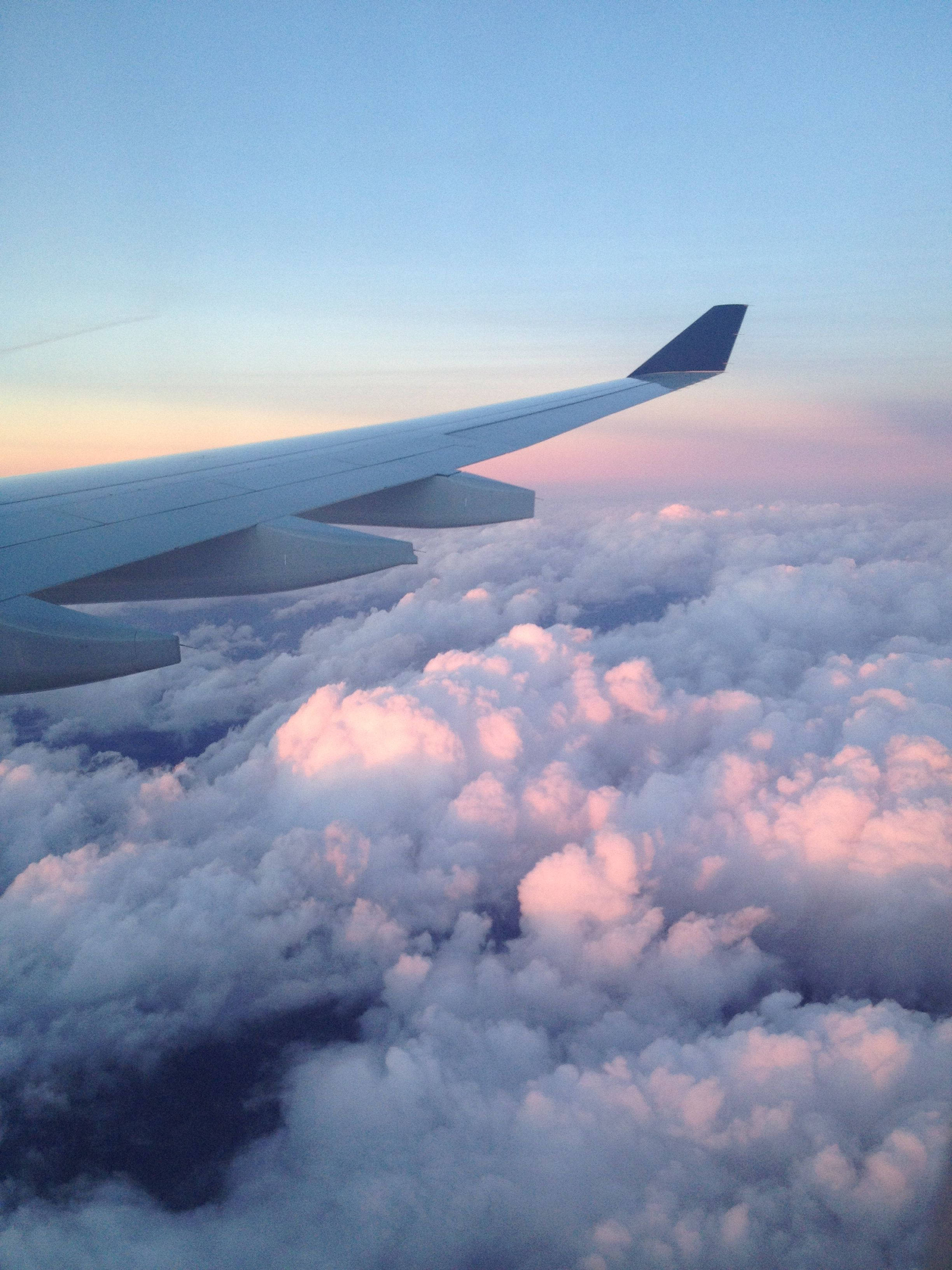 飛機紫雲天空 壁紙 — 飛機機翼在柔軟的雲朵上方滑翔，雲朵沐浴在柔和粉紅與藍色的暮色之中。