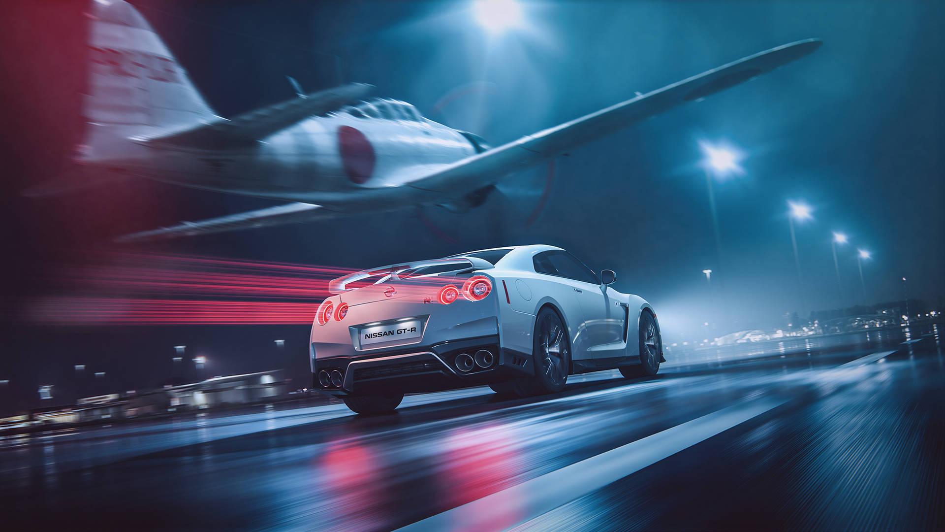 白色跑車在夜間奔馳，復古飛機在上空飛過。
