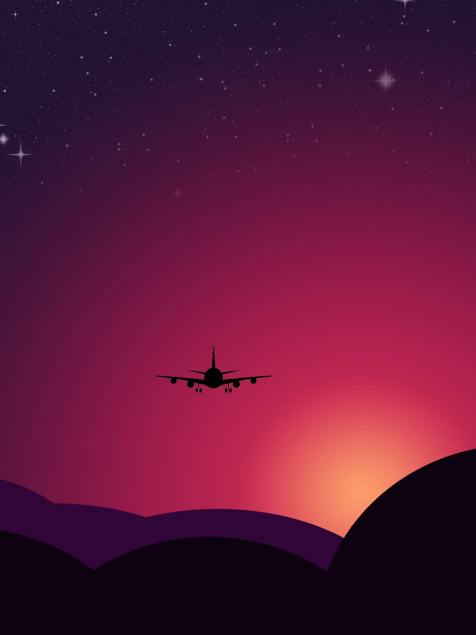 飛機與繁星夕陽 壁紙 — 一架噴射機的剪影在暮色中翱翔，天空呈現出洋紅色和橙色的條紋，下方是黑暗起伏的丘陵，上方是閃爍的星星。