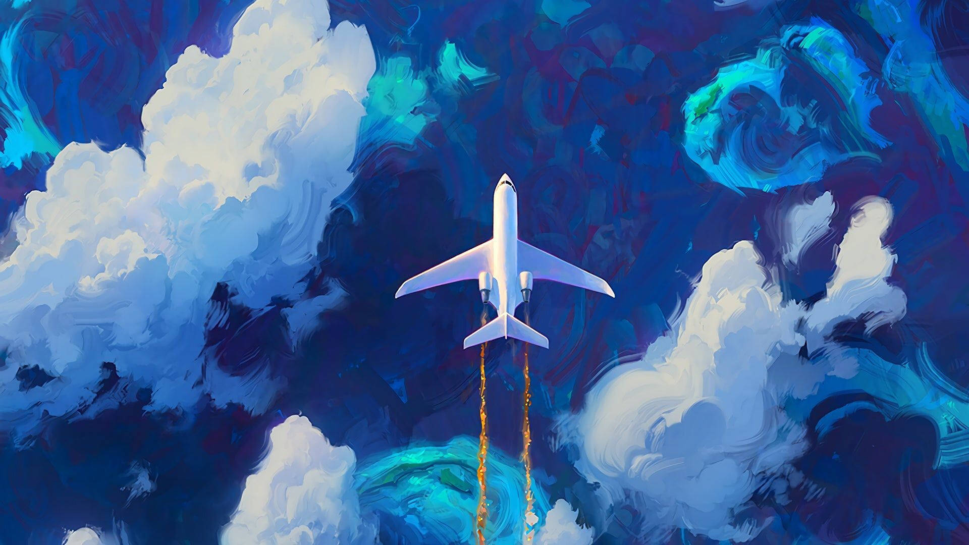 飛機與雲海美學藝術桌面壁紙 壁紙 — 一架白色飛機穿過鮮豔的藍色和白色雲層上升，拖著火熱的橙色尾跡，映襯著如畫的天空。