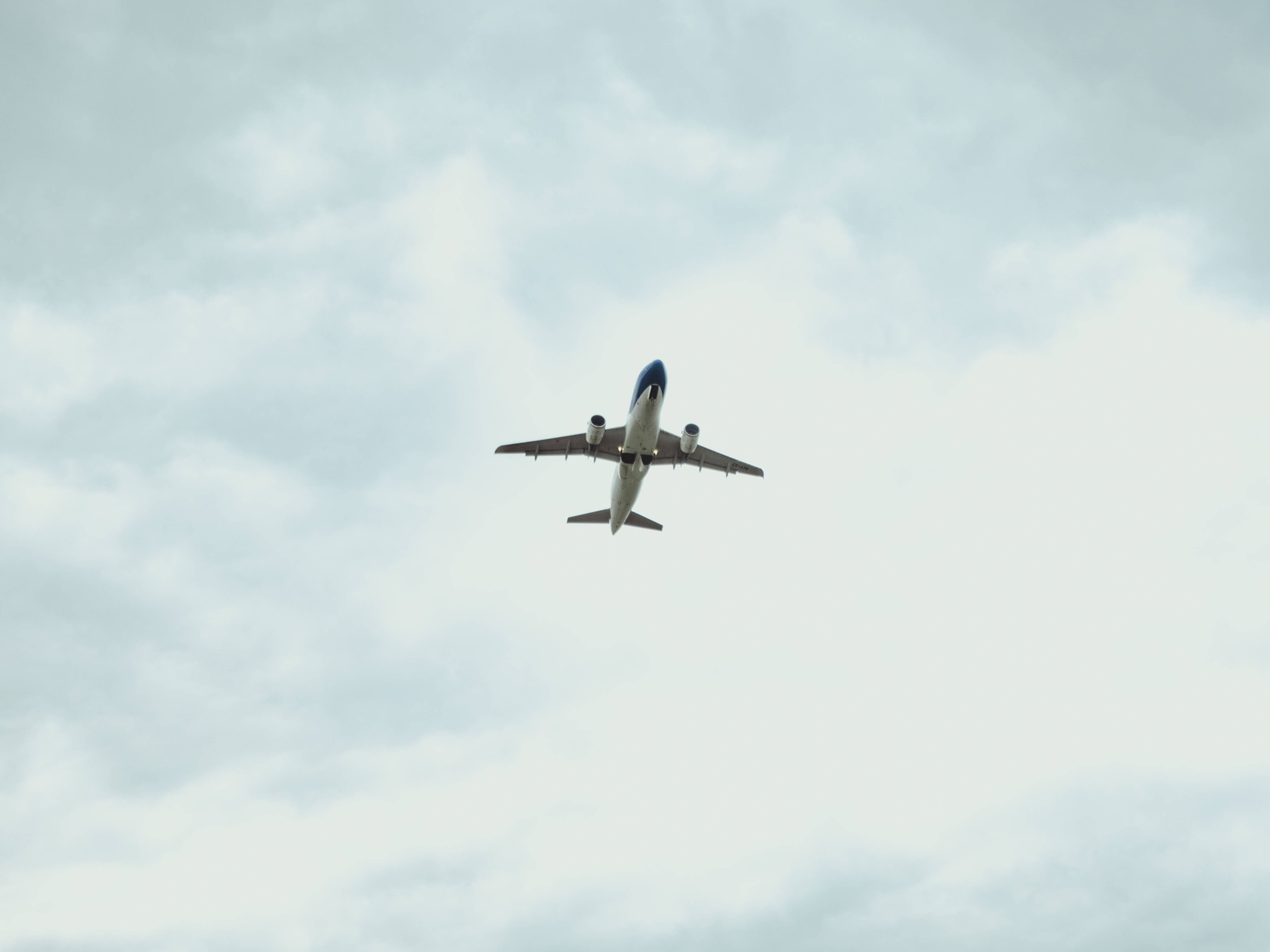 飛機航空航天起飛 壁紙 — 一架商用飛機在下方仰望柔和灰色多雲的天空中翱翔。