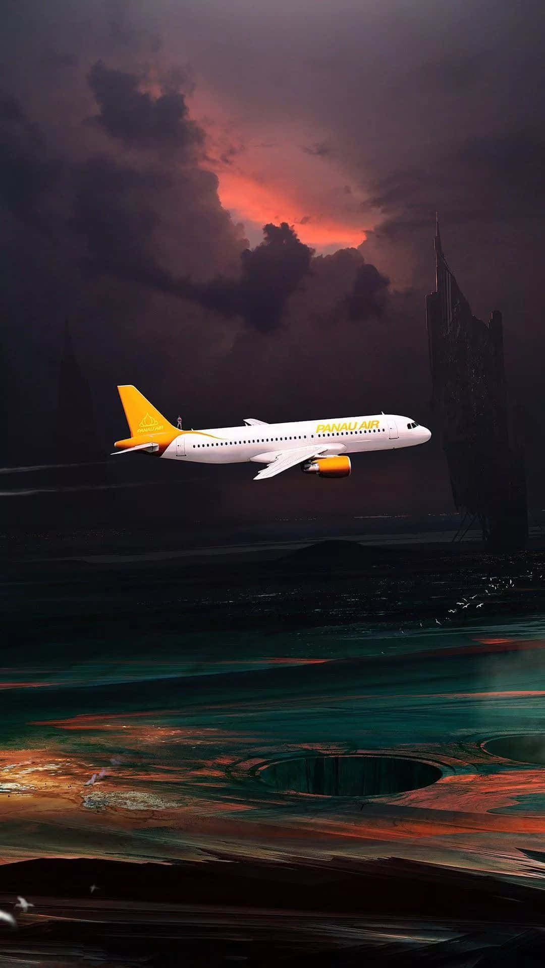 飛機載著新款 iPhone 飛向天際 壁紙 — 一架瑞安航空飛機在熾熱的日落天空下，低飛越過超現實的外星景觀。