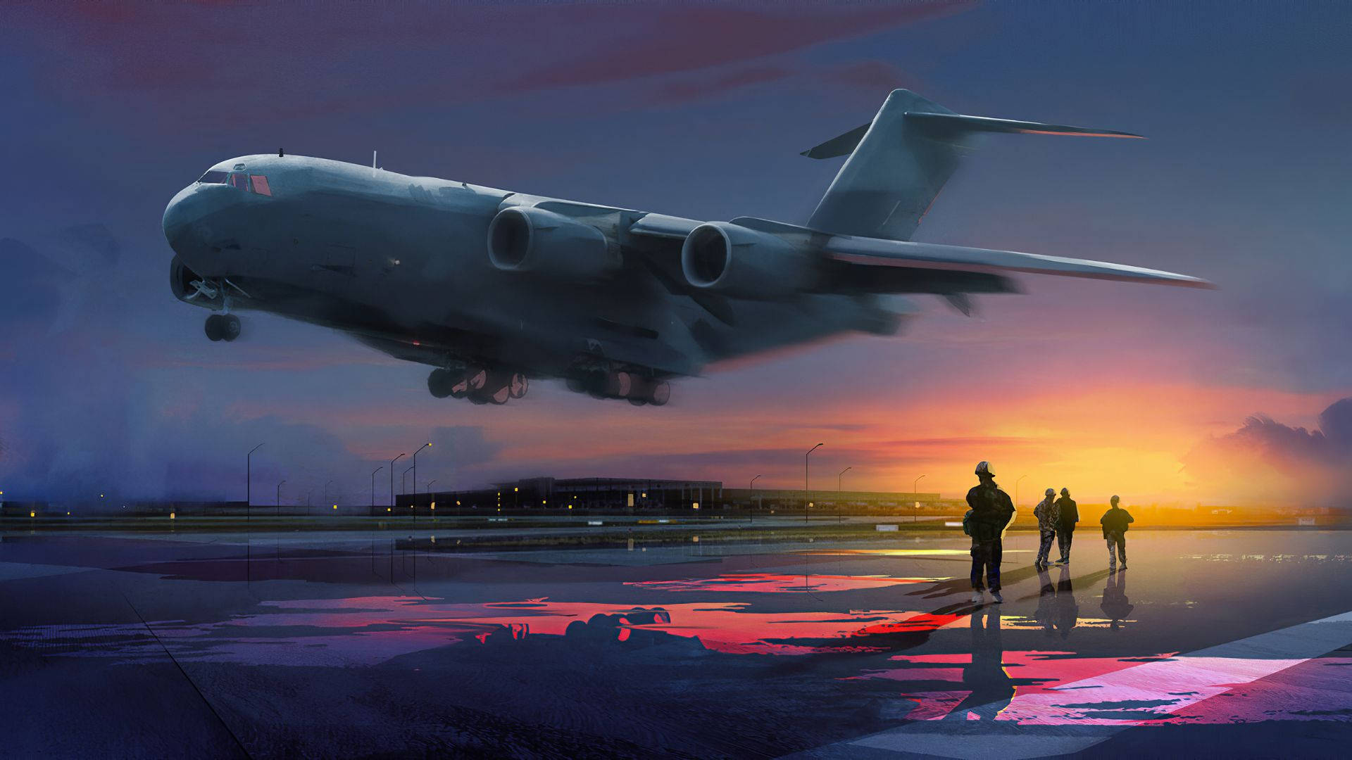 飛機飛越跑道 壁紙 — 一架大型軍用運輸機在黃昏時降落，剪影人物從濕漉漉的停機坪觀看，停機坪反射出火紅的夕陽色調。