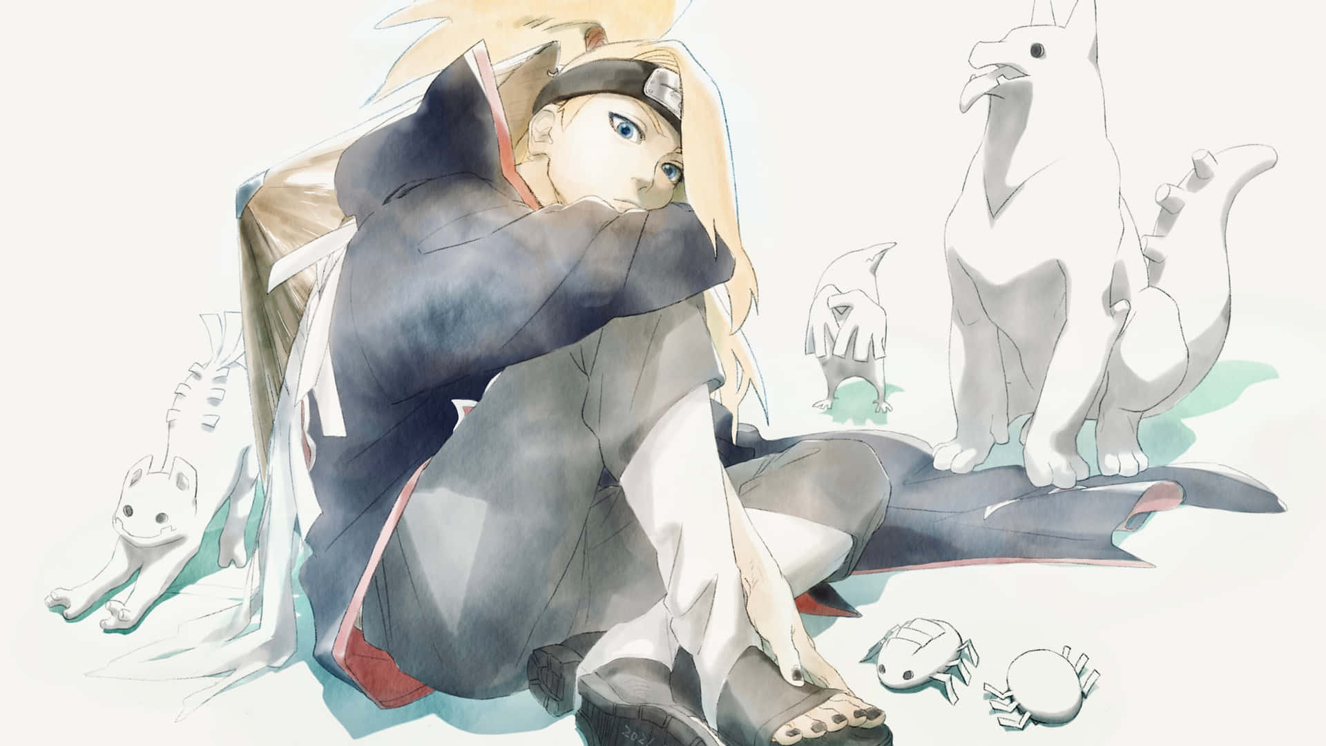 飛段——浪人忍者 壁紙 — 一個年輕的金髮動漫男孩穿著深色斗篷坐著，抱著自己，周圍是白色風格化的生物，背景簡單。