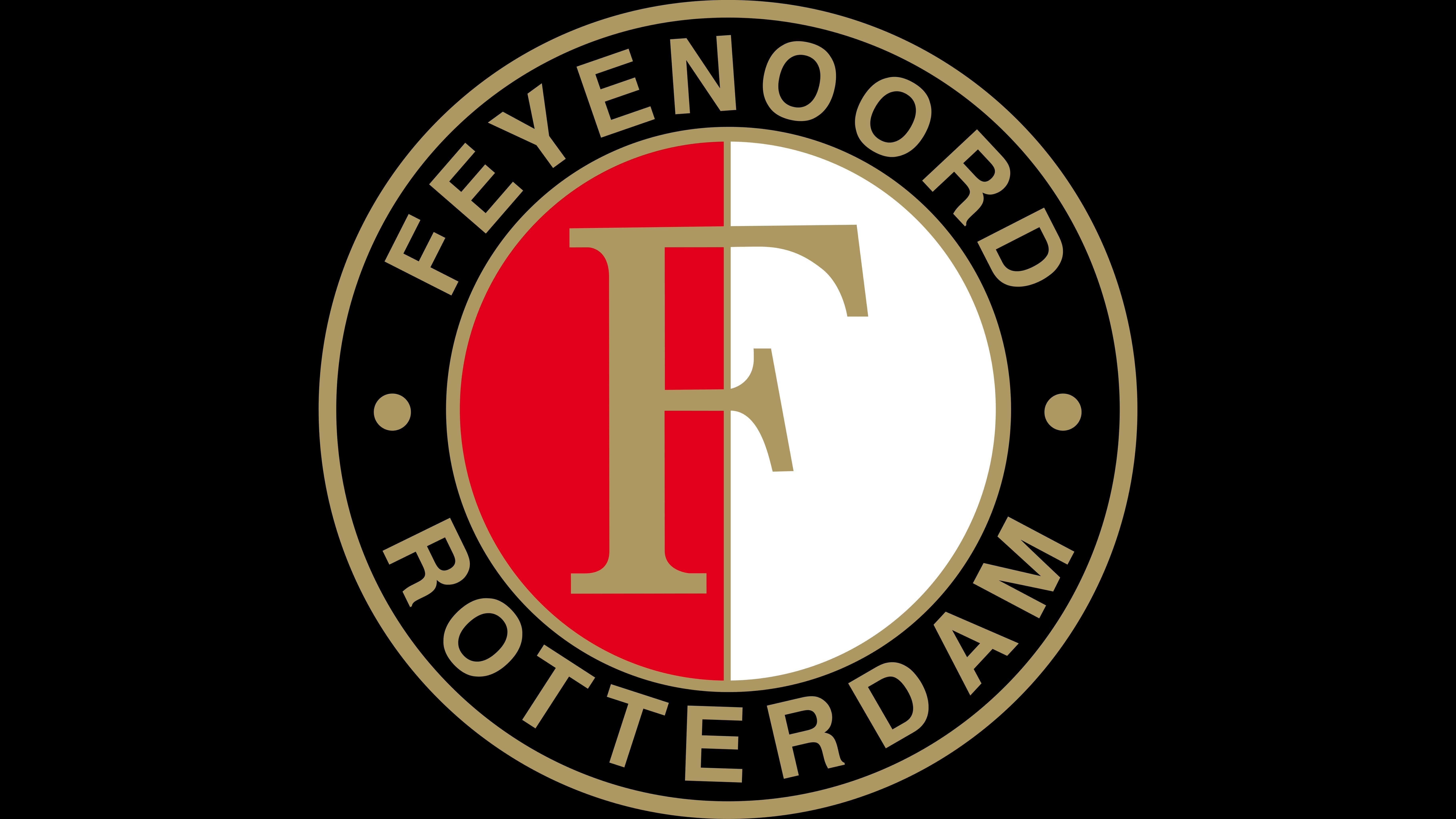 Feyenoord 桌布 壁紙 — 飛燕諾鹿特丹足球會標誌，黑色背景上帶有粗體紅白金色圓形徽章。