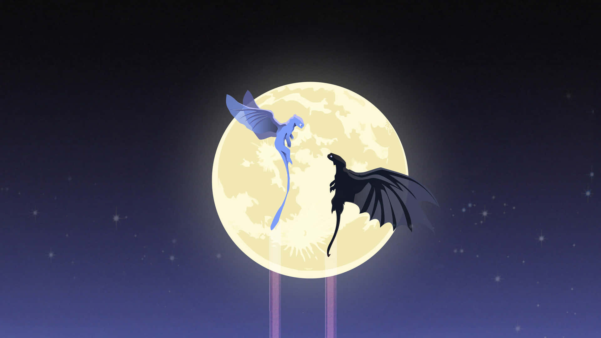 飛翔於神祕幻想世界的龍 壁紙 — 兩條風格化的龍在繁星點點的夜空下，對著發光的滿月飛翔。