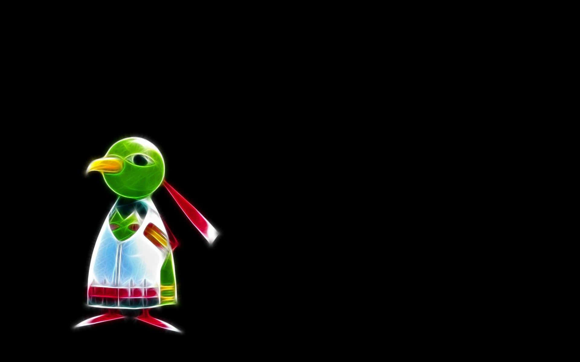 飛翔的 Xatu：神秘的寶可夢 壁紙 — 一隻發光的綠色企鵝穿著白色實驗室外套，站在帶有紅色點綴的黑色背景前。