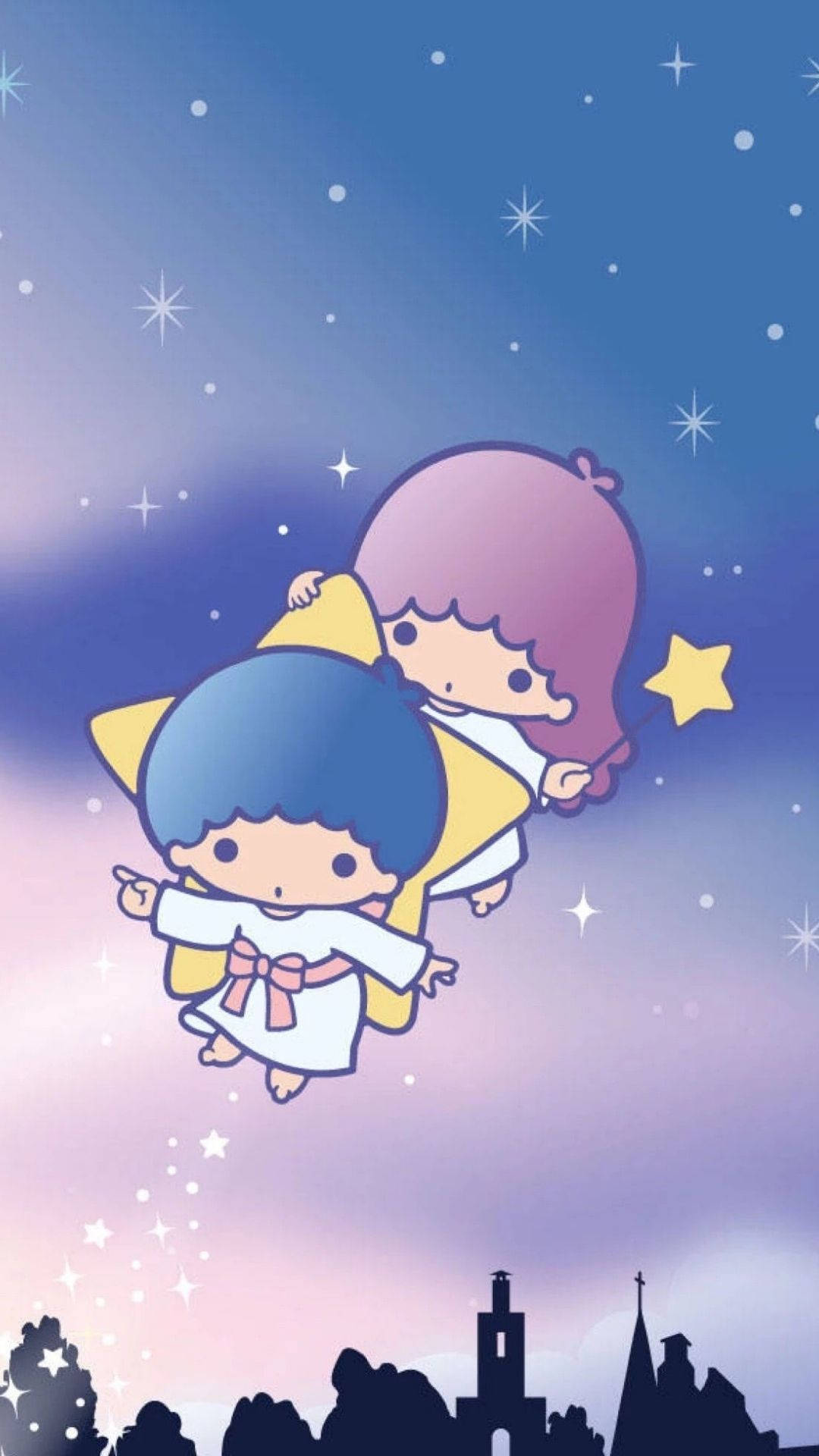 飛翔的小雙星 壁紙 — 兩個可愛的動漫風格星星小孩在佈滿閃爍星星的暮色天空中快樂地漂浮，下方是剪影小鎮。