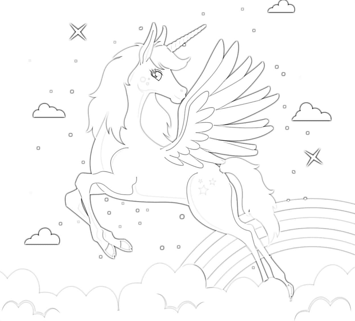 飛翼獨角獸塗鴉圖 壁紙 — 一隻優雅的有翼獨角獸在彩虹和雲朵上方翱翔，呈現於奇幻的黑白線條藝術填色頁中。