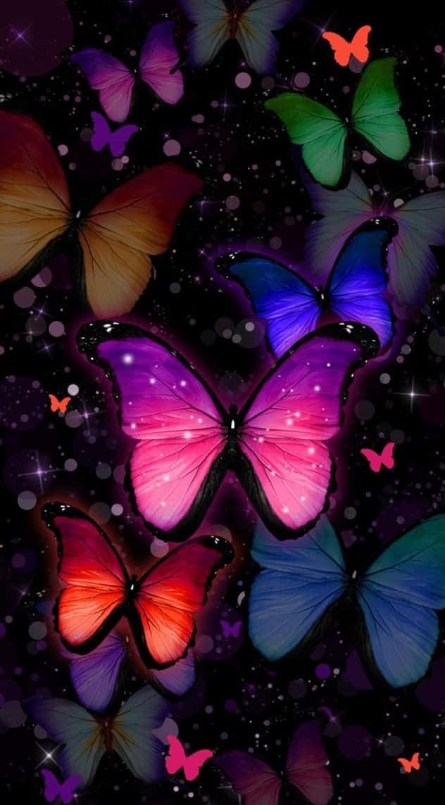 色彩繽紛的蝴蝶帶著發光的翅膀，漂浮在繁星點點的宇宙空間中。