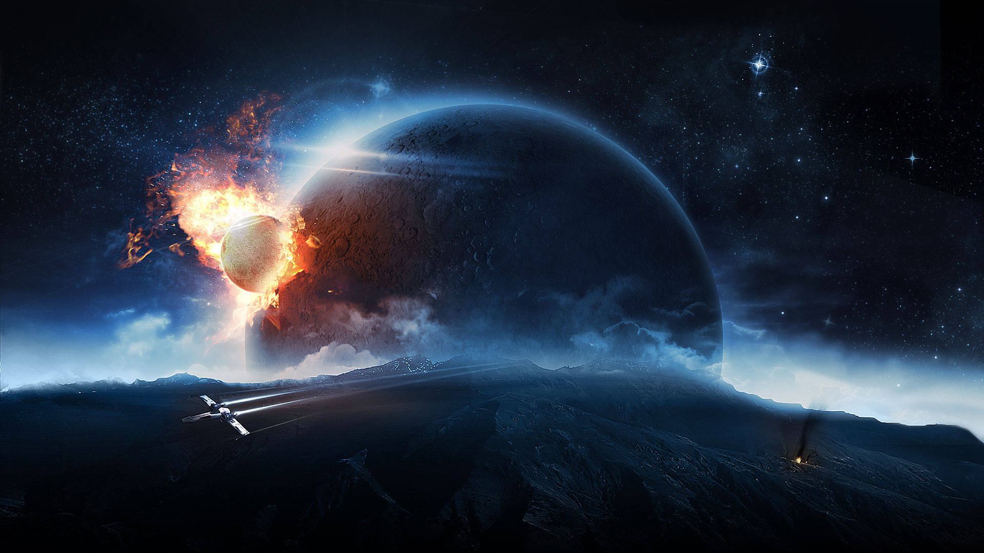 飛船與毀滅行星 壁紙 — 一艘太空船飛越崎嶇的外星景觀，同時一個熾熱的天體與一顆巨大的行星在繁星點點的宇宙天空中碰撞。