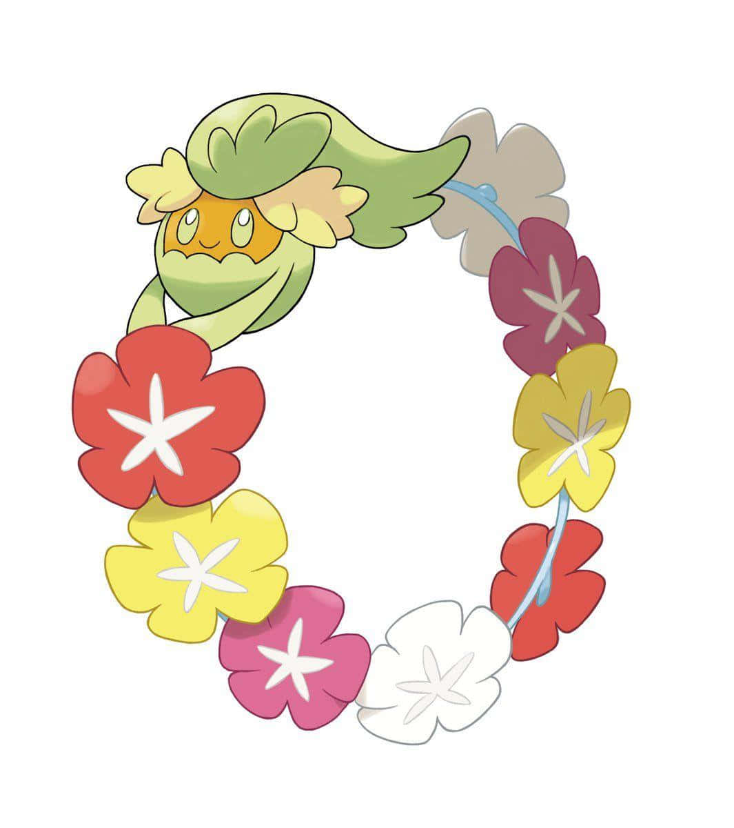 飛行中的Comfey 壁紙 — 一隻戴著色彩繽紛花環（有紅色、黃色、粉紅色和白色花朵）的開心卡通寵物小精靈。