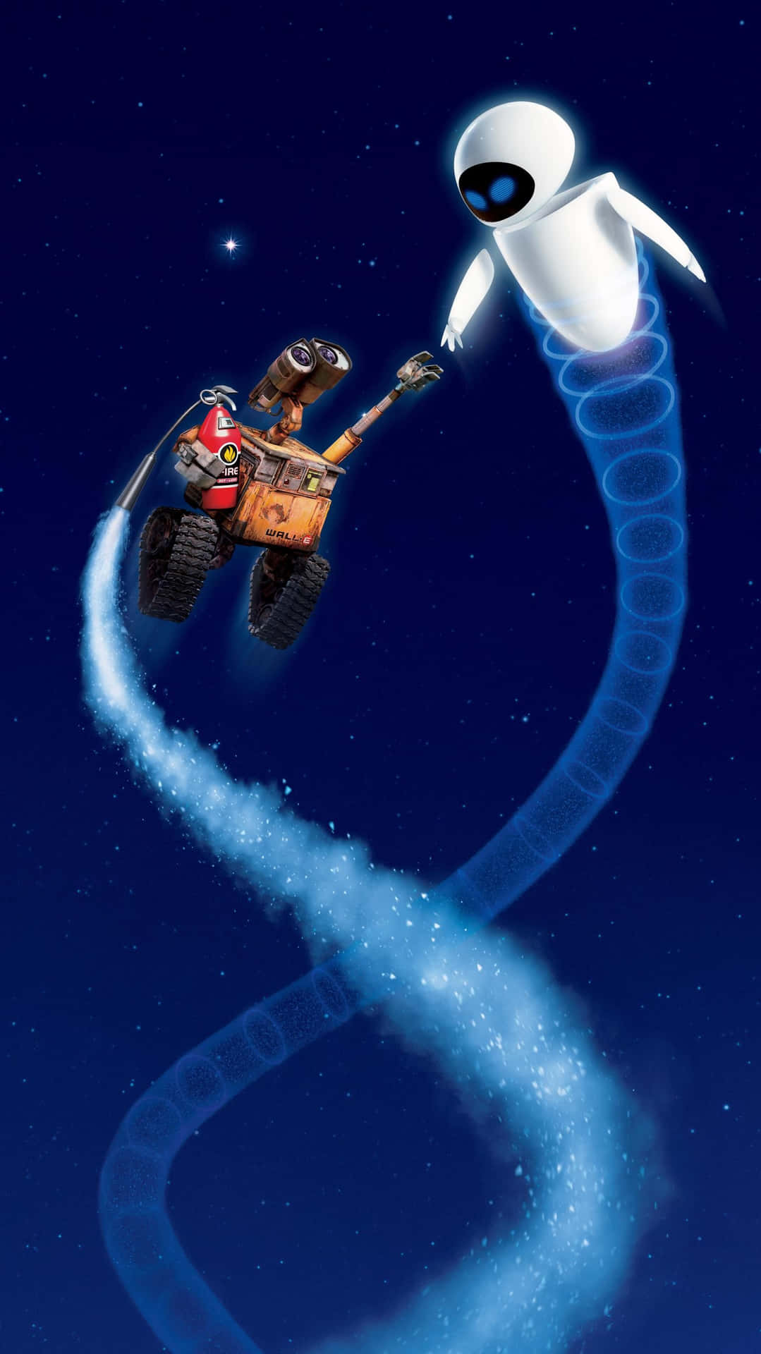 Wall-E 和 EVE 在太空中飛行，留下發光的藍色軌跡