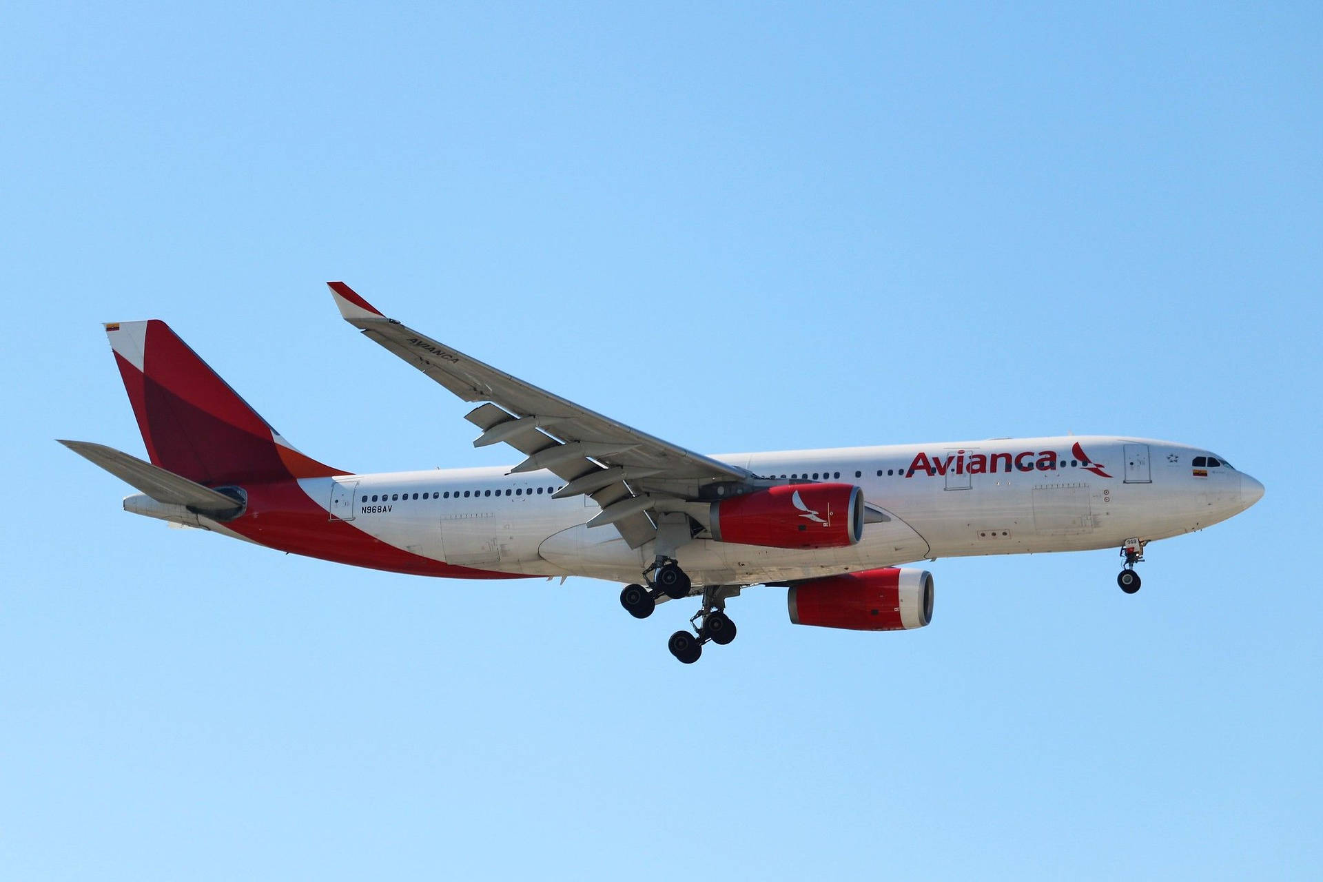 Avianca 飛機放下起落架在晴朗藍天下下降