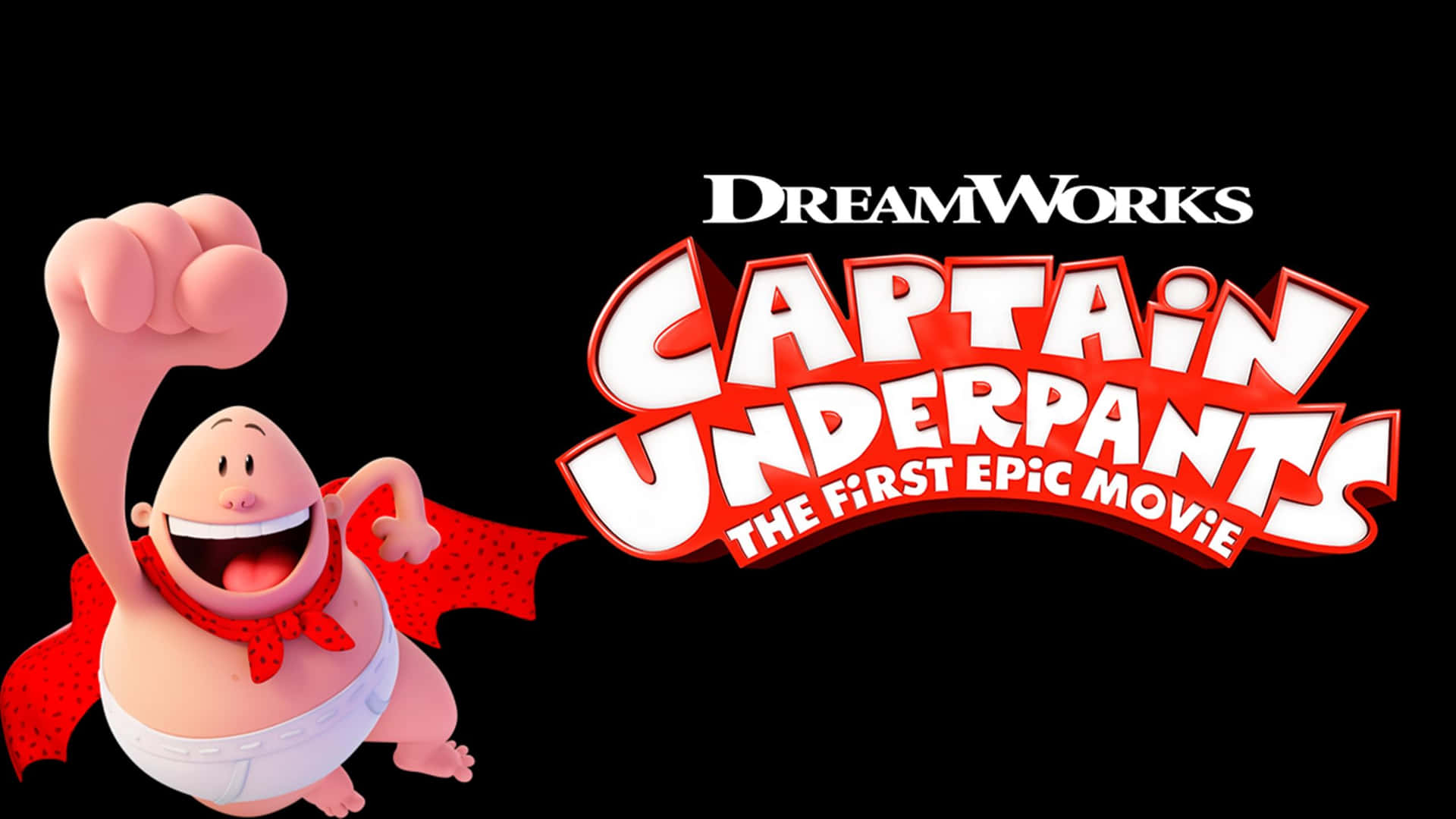 Captain Underpants 在電影標題前舉起拳頭飛翔