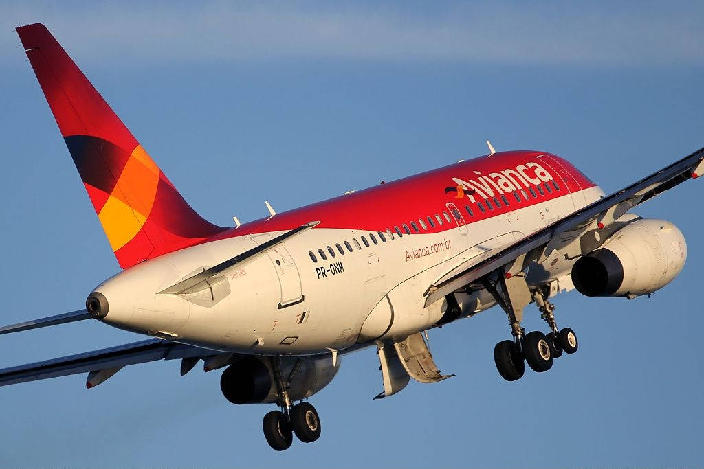Avianca飛機放下起落架在藍天下降落