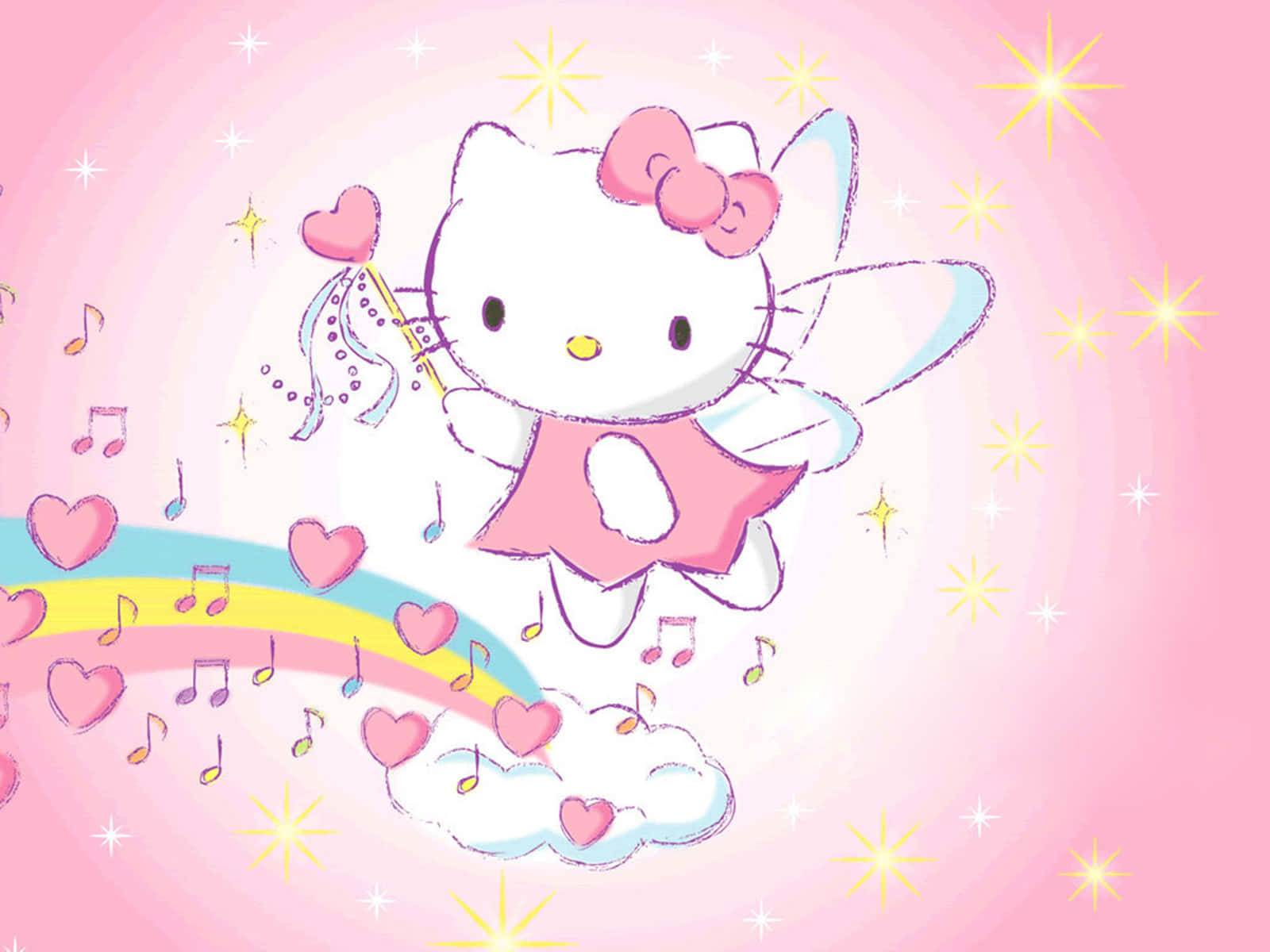 飛行仙子 Hello Kitty 背景 壁紙 — Hello Kitty 化身為仙子，擁有粉紅色翅膀和蝴蝶結，漂浮在彩虹雲上，周圍環繞著心形和音符，背景是閃爍的粉紅色天空。