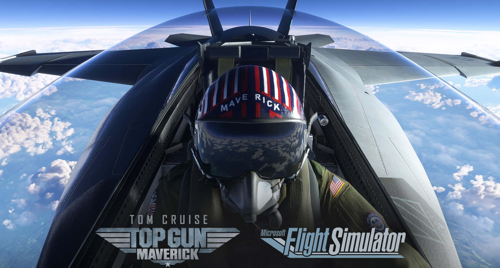 飛行員在戰鬥機駕駛艙中飛越雲層，帶有「Top Gun Maverick」品牌標識。