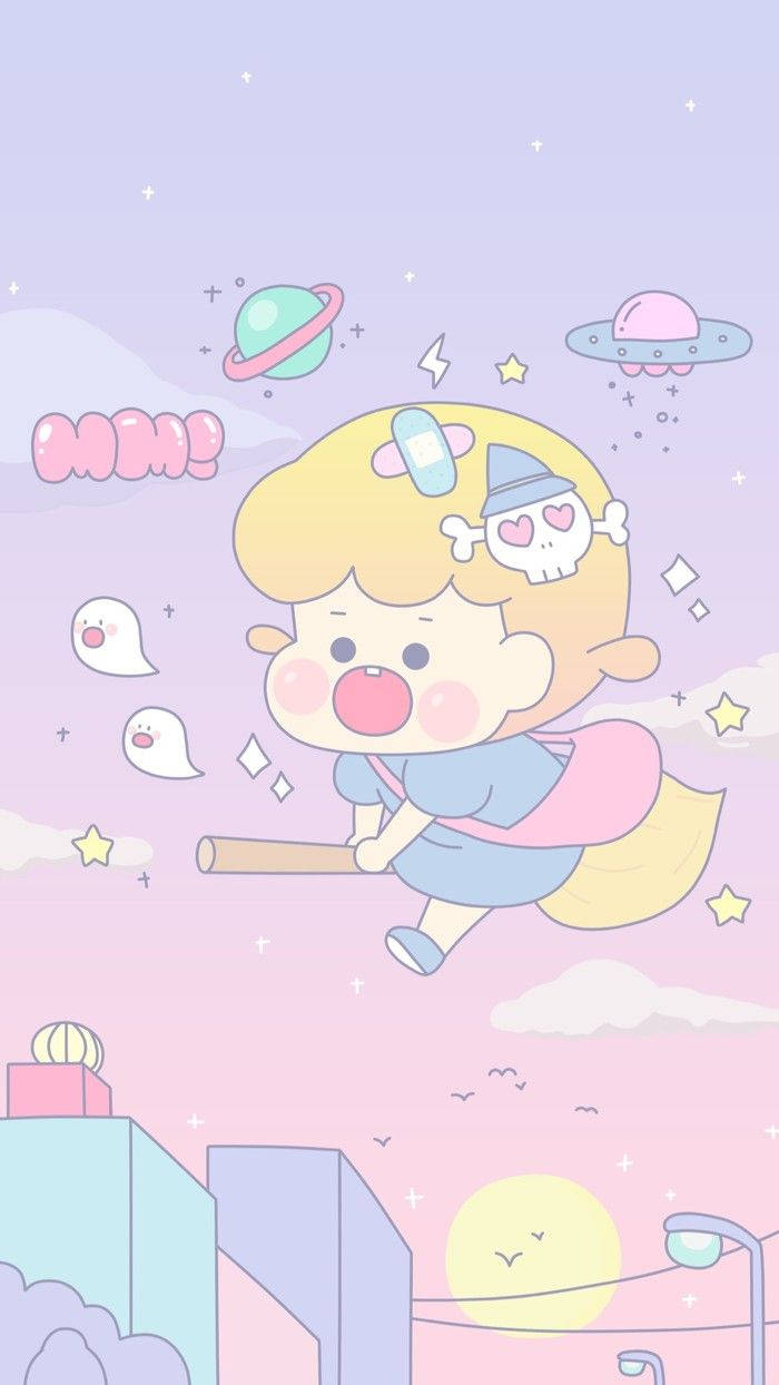 一個卡通女巫騎著掃帚飛過有星星和鬼魂的粉彩天空。