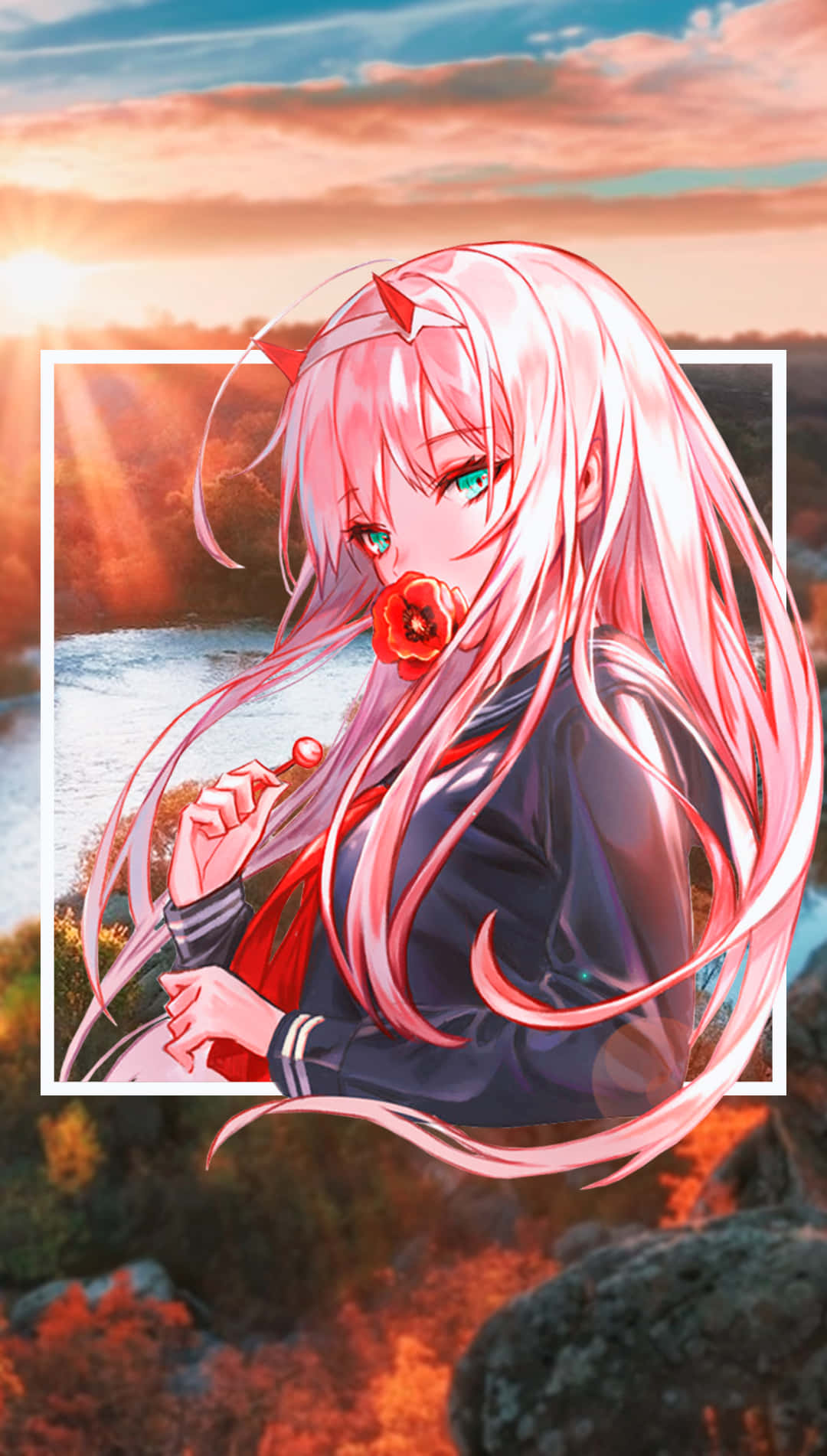 飛行時尚——與 Zero Two 一同冒險 壁紙 — 粉紅色頭髮的動漫女孩，嘴裡含著紅花，站在水面夕陽的背景下。