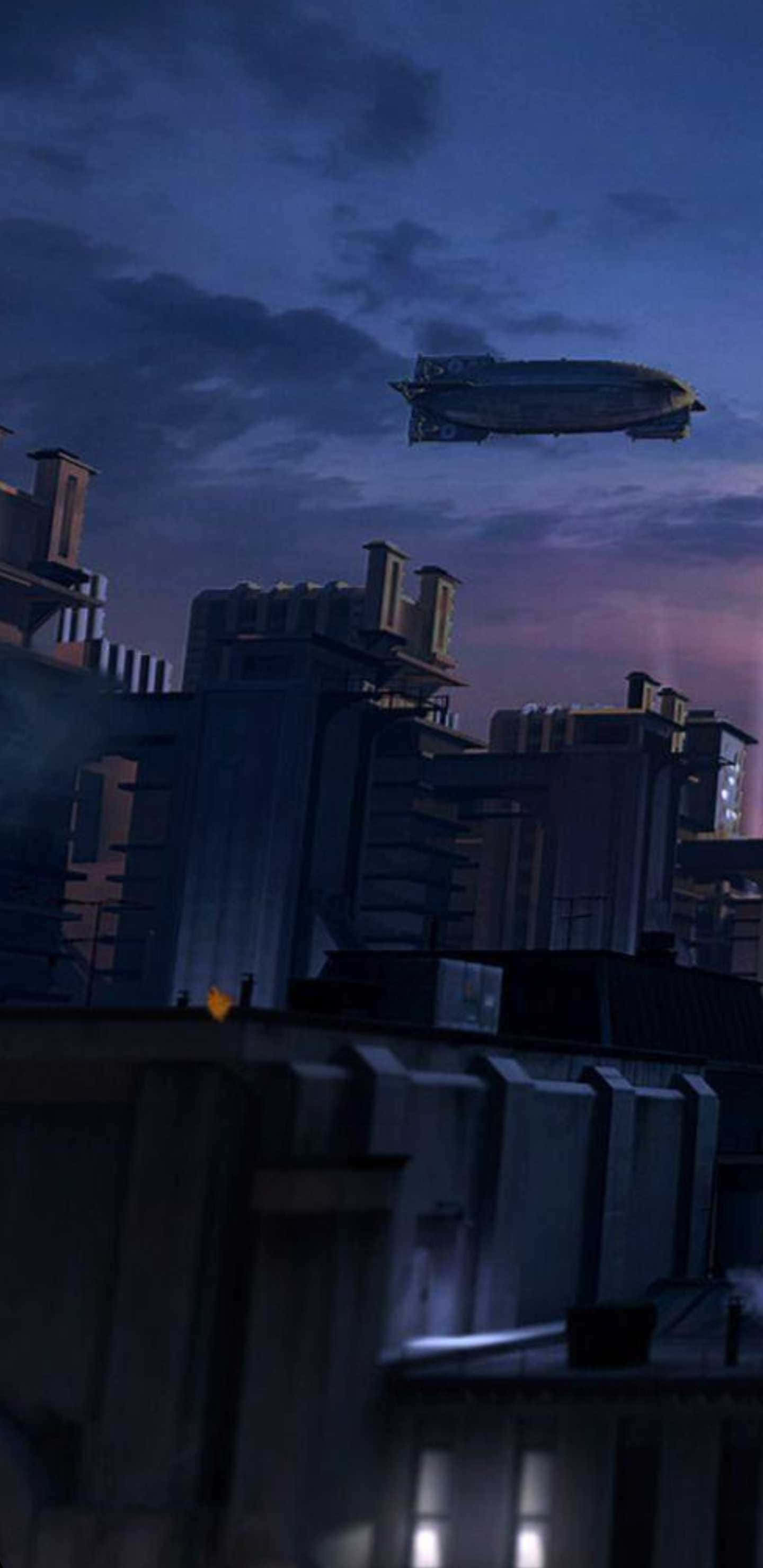 飛行氣球 Pixel 3XL Wolfenstein II 背景 壁紙 — 一艘復古飛船在暮色中滑過黑暗的未來城市景觀，窗戶閃爍著光芒，天空呈現憂鬱的紫色。