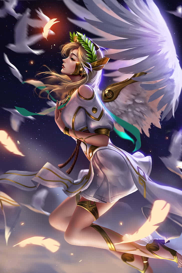 一位身穿白色和金色服飾的有翼天使，在星空下漂浮在發光的羽毛之中。