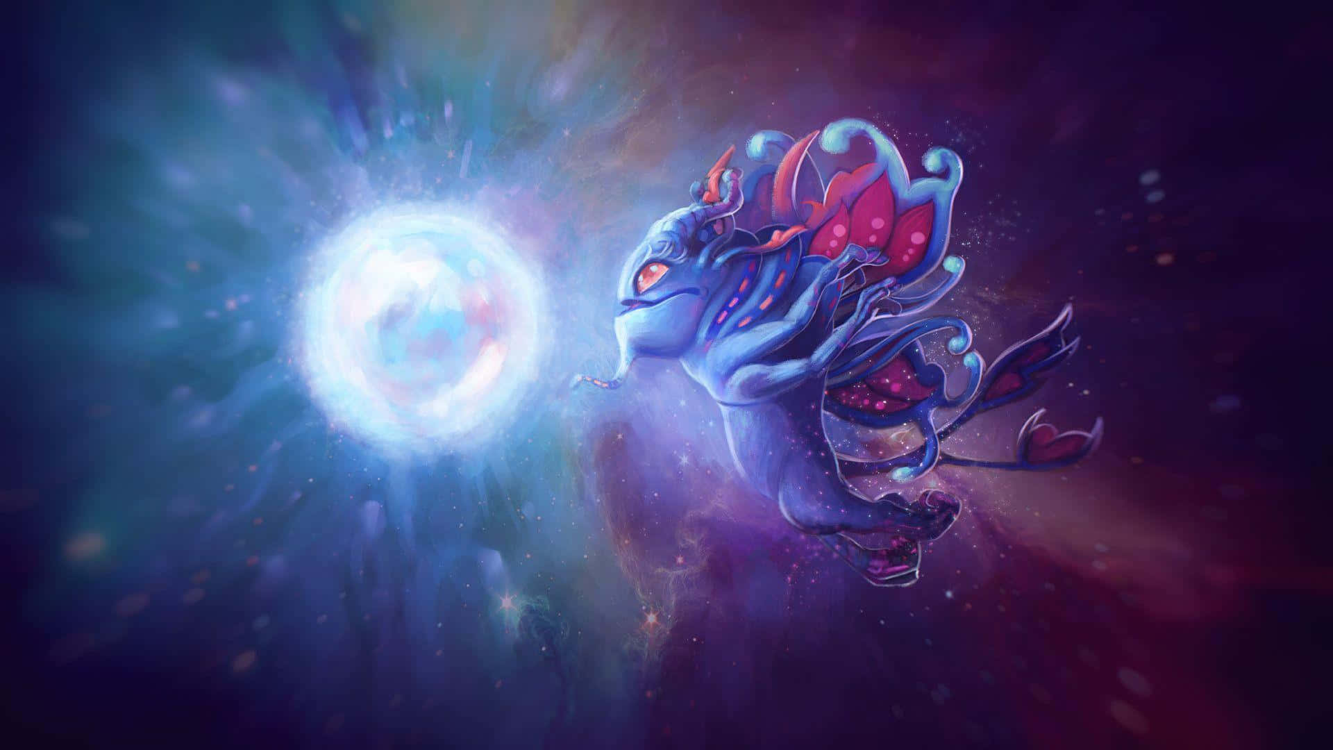 一隻發光的藍色宇宙生物在繁星點點的星雲背景下釋放出明亮的能量球。